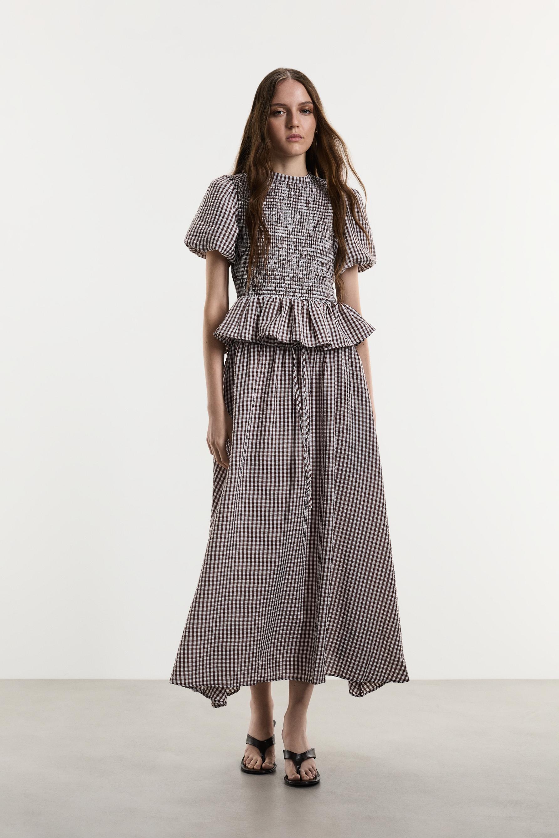Gingham midi skirt — BROWN/WHITE