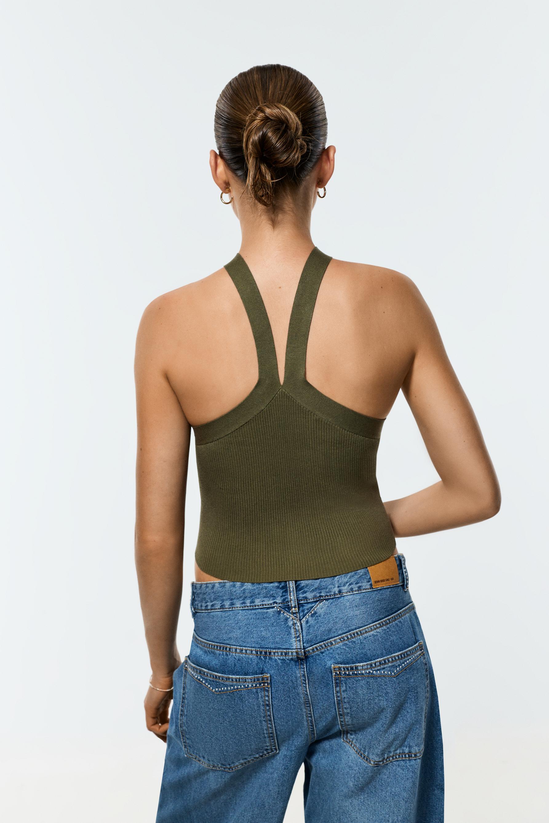 Criss-cross strap knit top — DARK KHAKI
