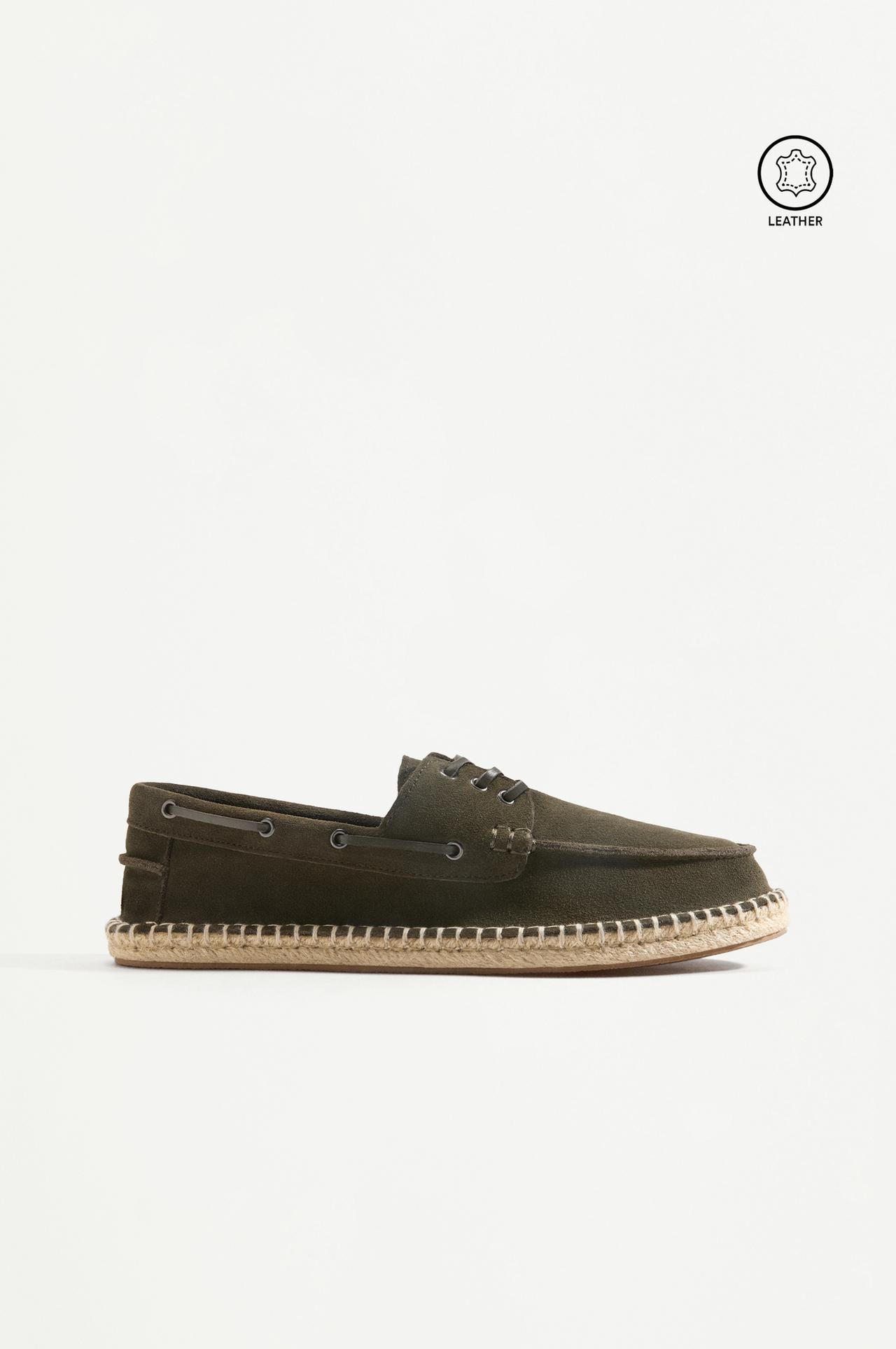 Leather boat shoe with jute effect — KHAKI