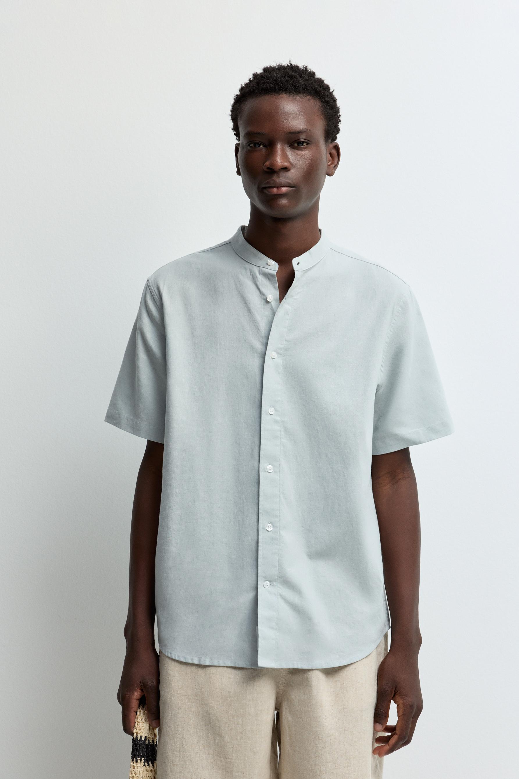 Linen-cotton stand collar shirt — PALE BLUE