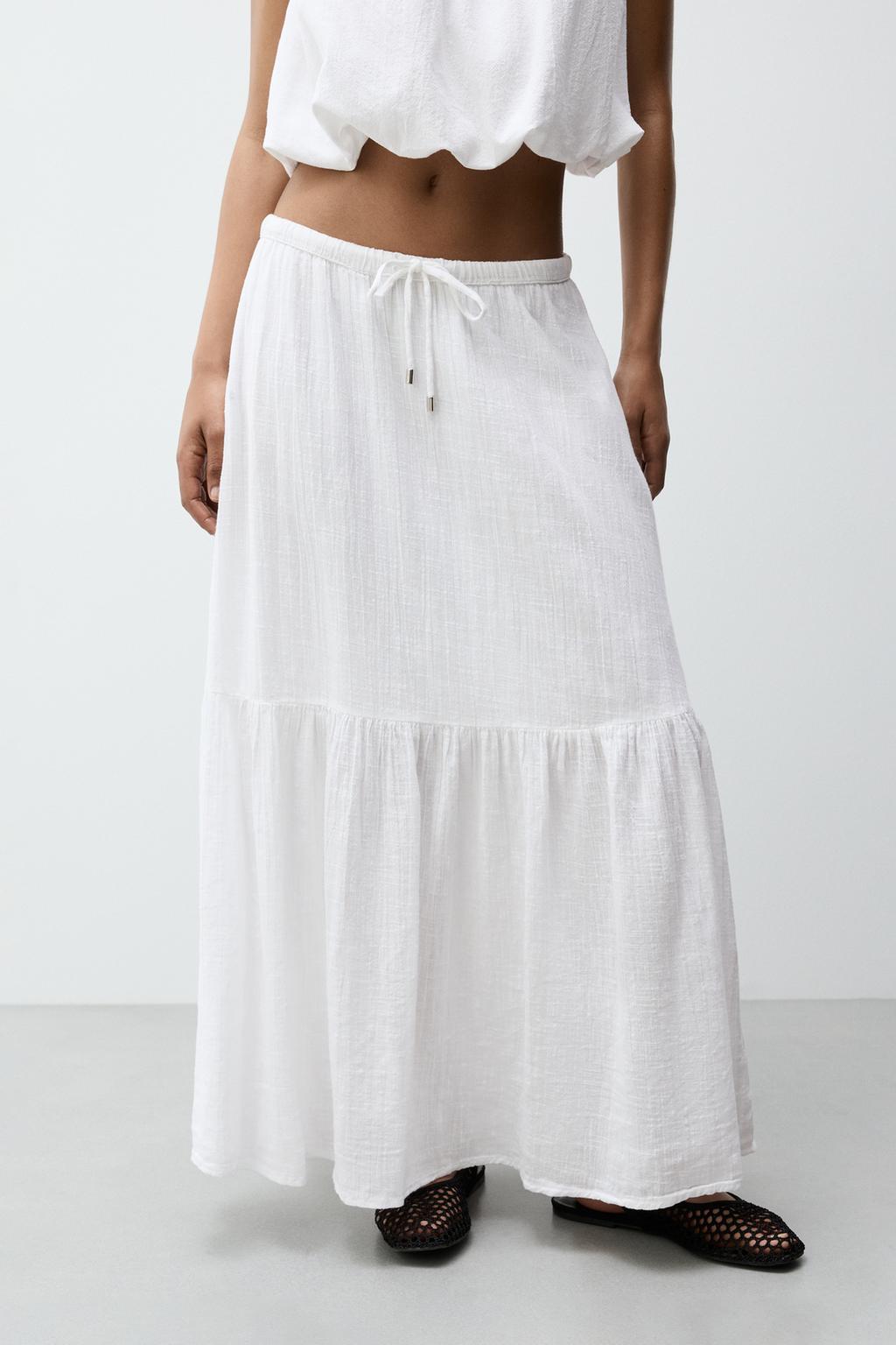 Ruffled denim midi skirt