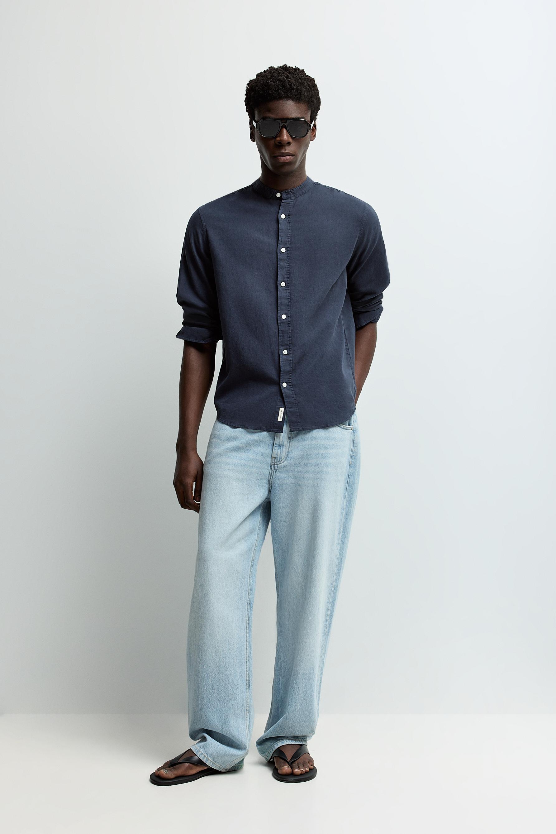 Linen and cotton stand collar shirt — NAVY