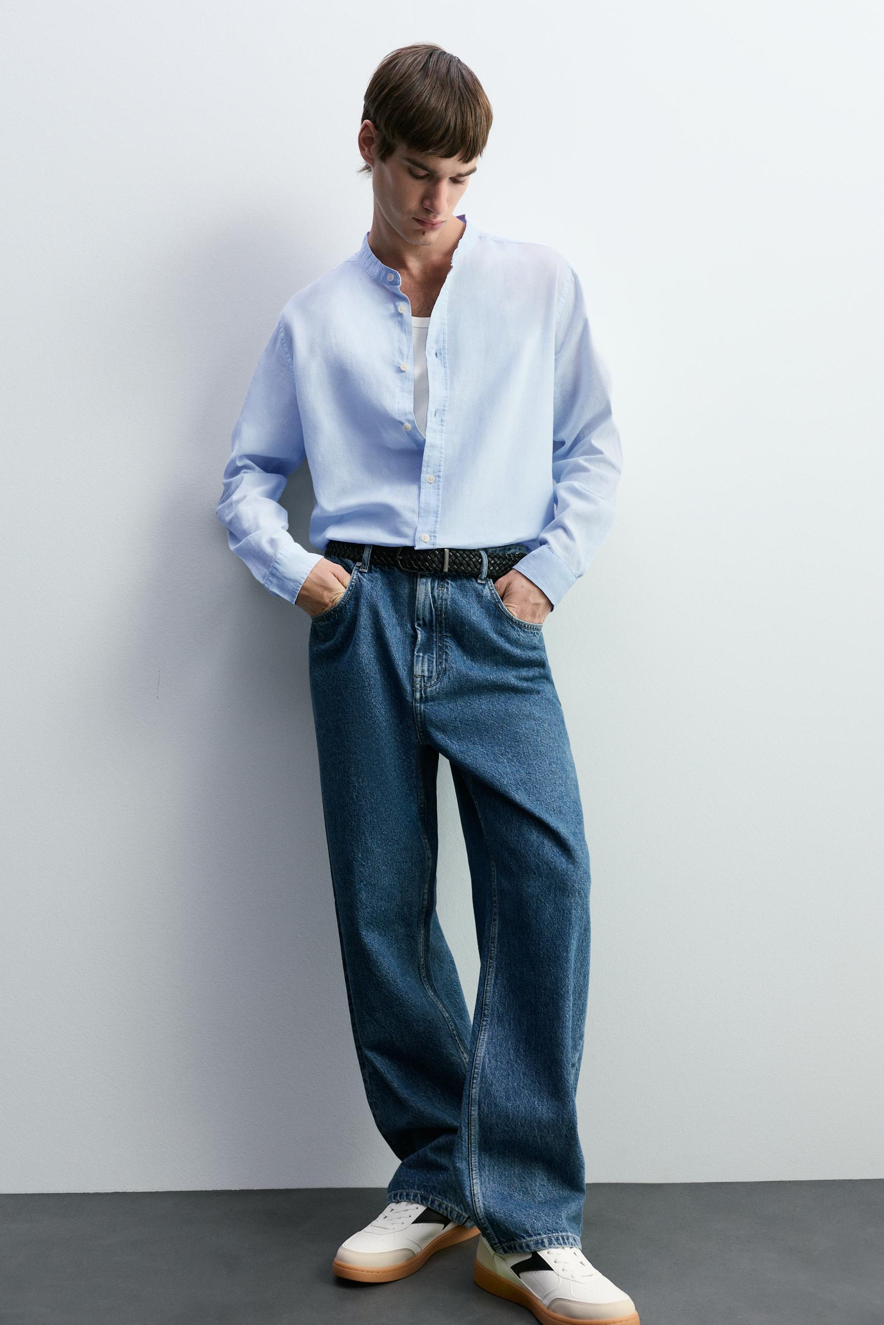 Linen and cotton stand collar shirt — SKY BLUE
