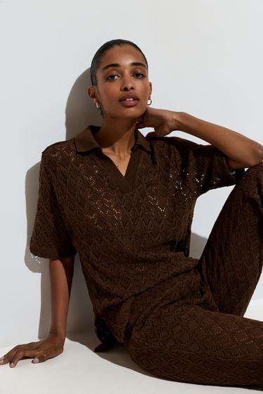 Crochet-effect polo shirt — BROWN 5
