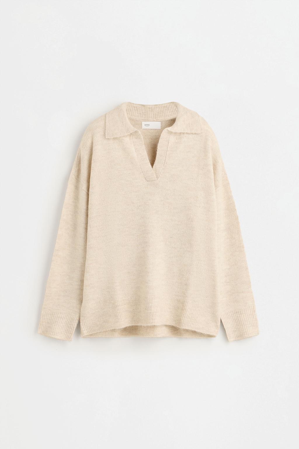 Fuzzy knit polo collar sweater