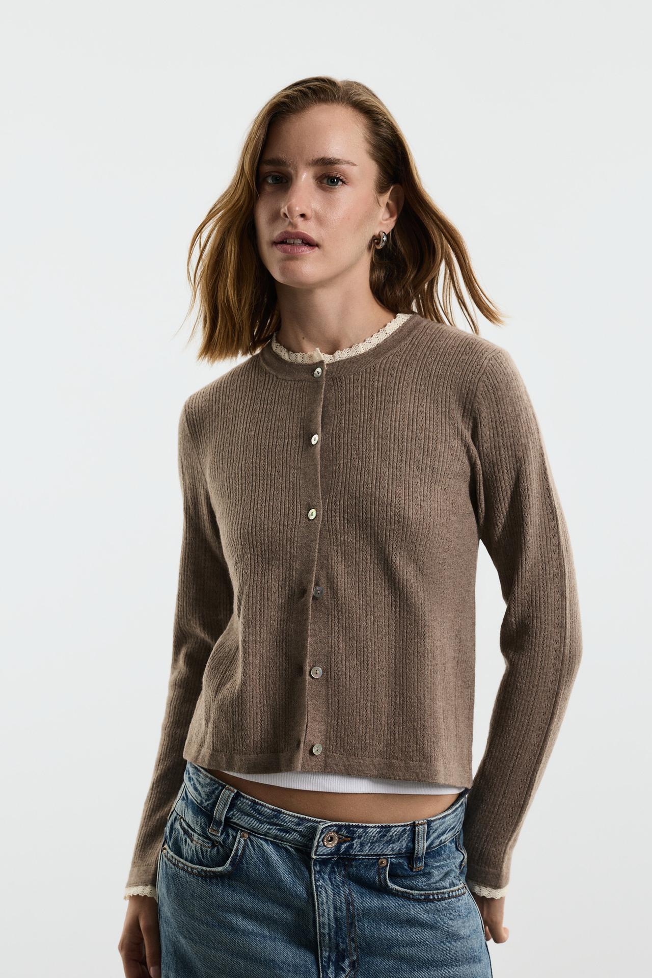 Pointelle knit jacket — TAUPE BROWN