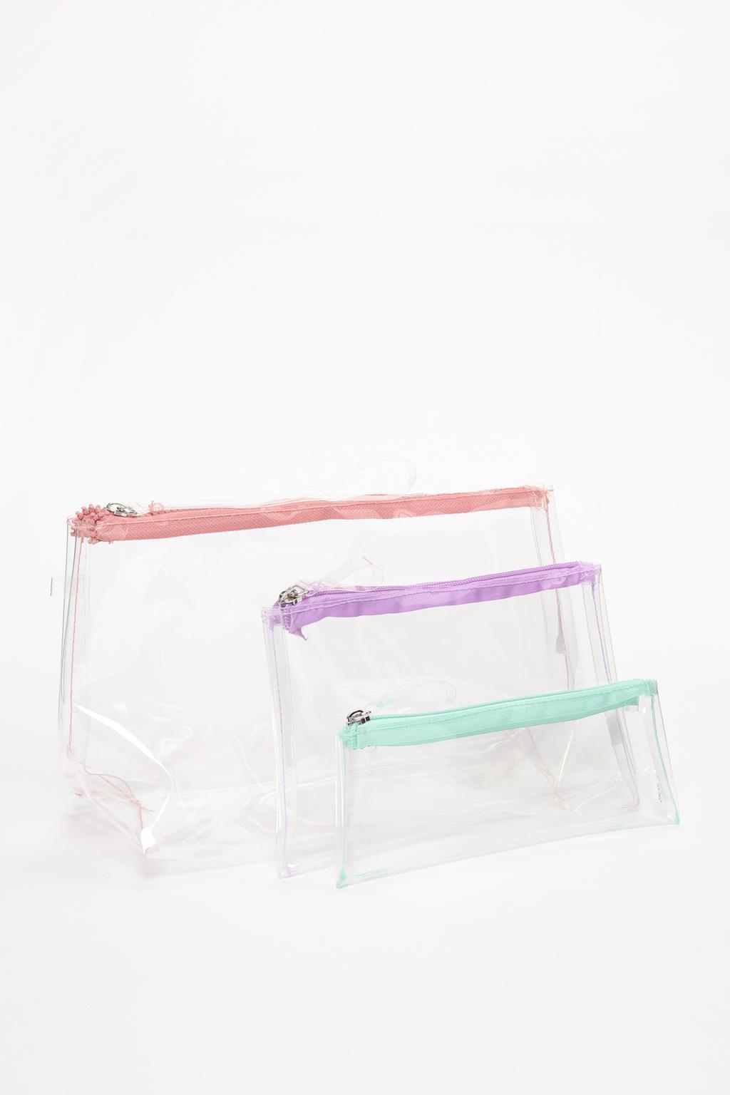 Pack 3 neceseres transparentes  cremalleras colores