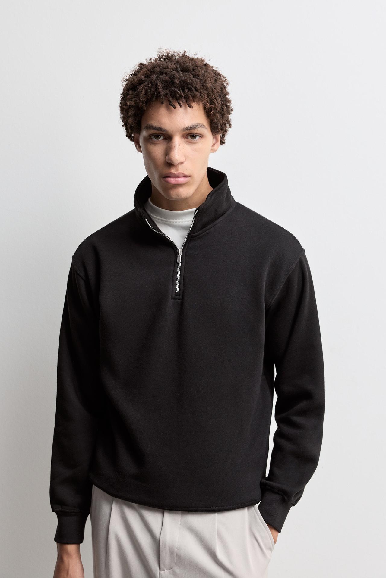 High-neck zip-up sweatshirt — BLACK