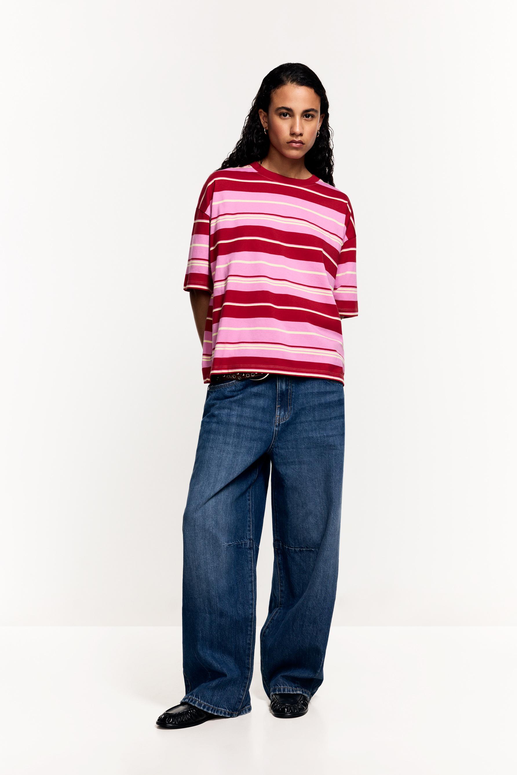Women's Beige Striped T-Shirt — FUCHSIA