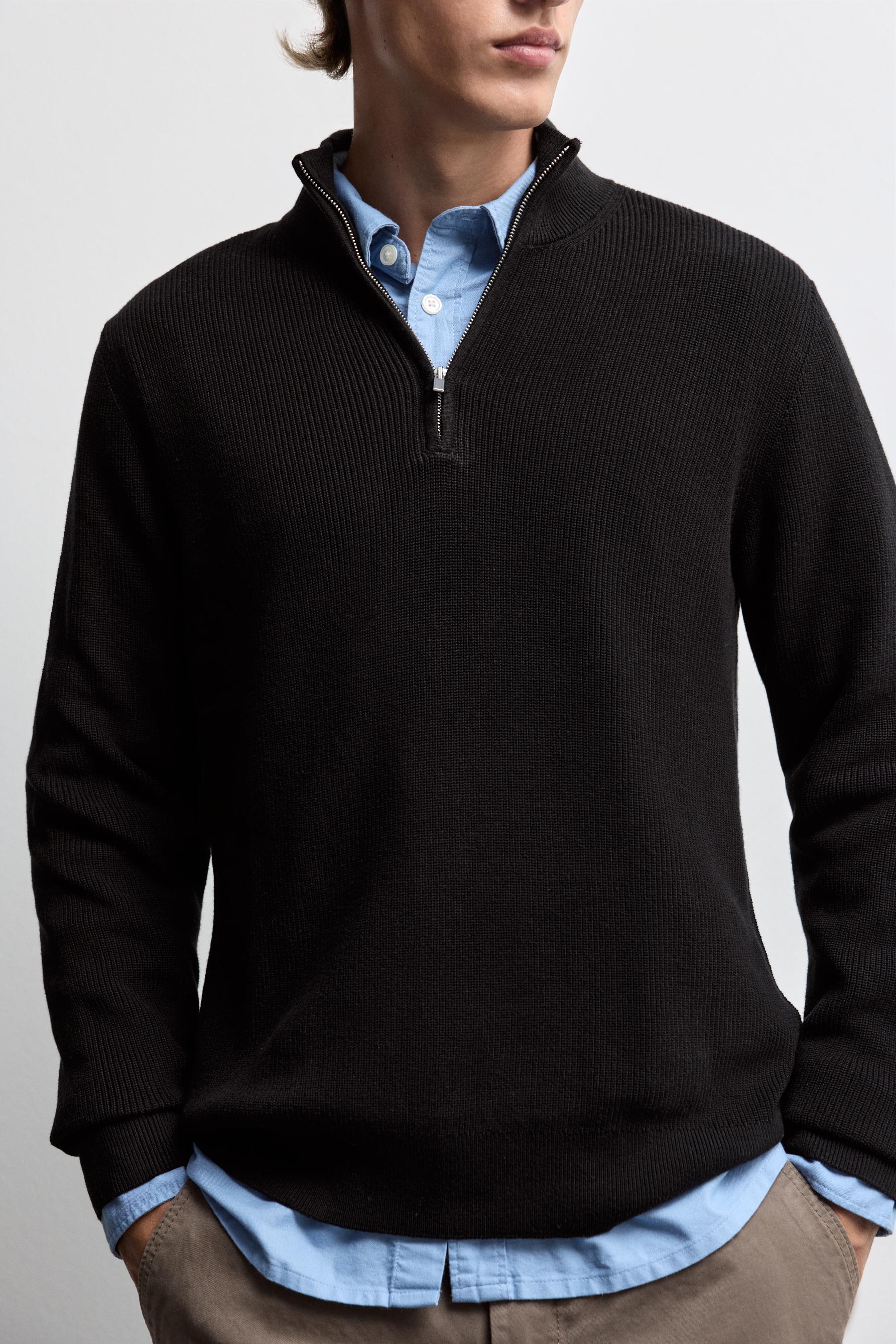 Textured zip-up sweater — BLACK
