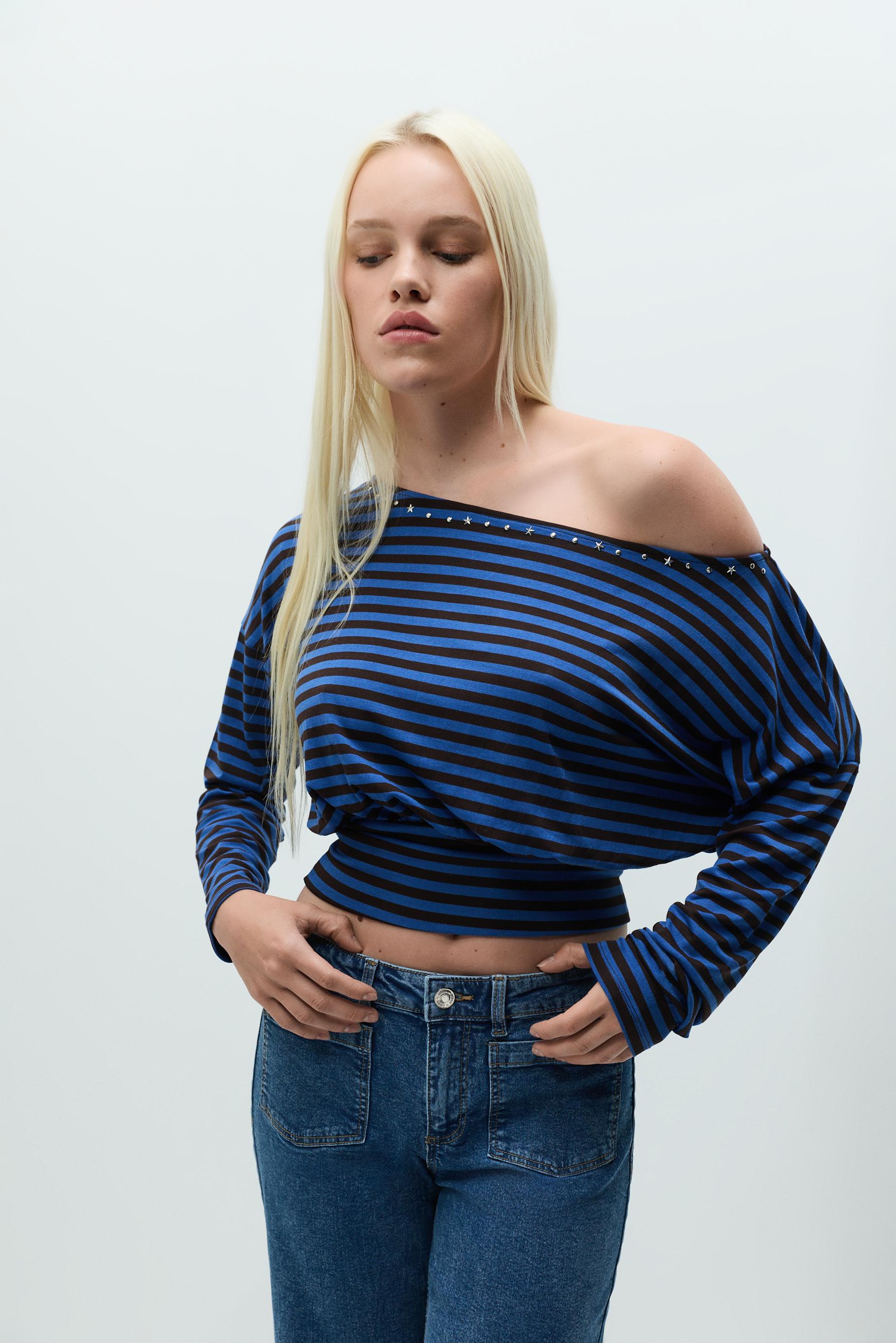 Drop-shoulder T-shirt — BROWN/BLUE