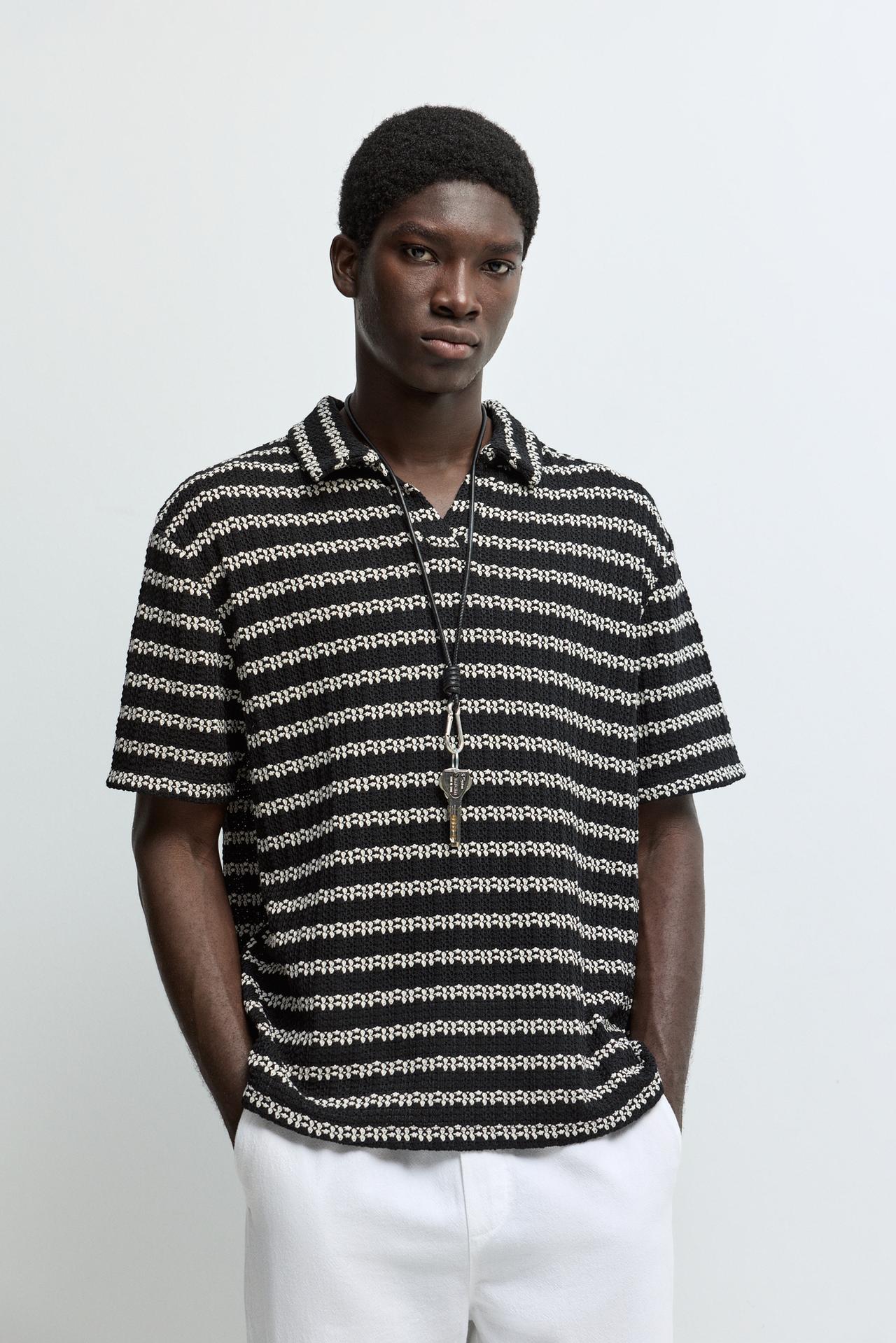 Textured striped polo shirt — BLACK