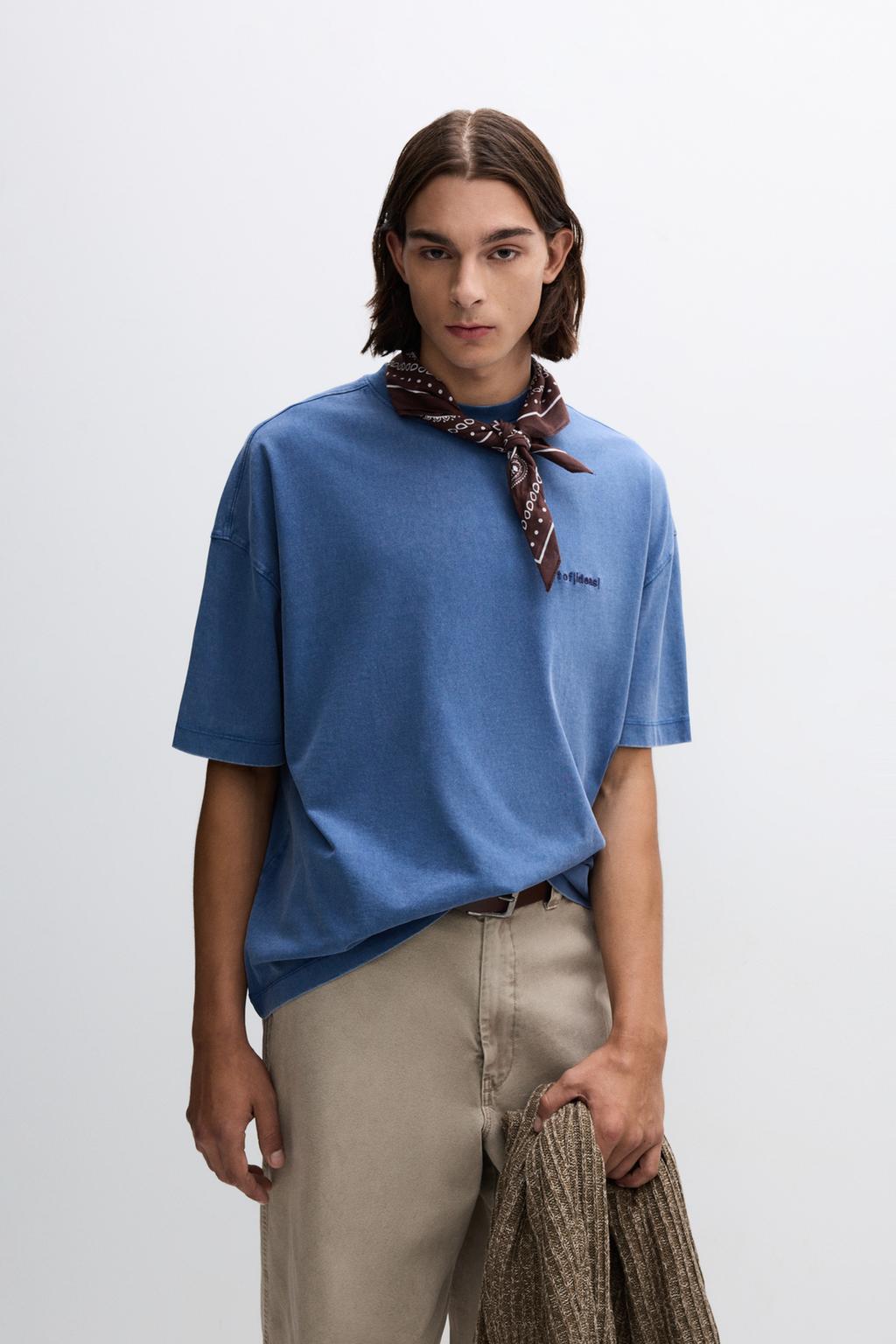 Washed-effect embroidered text T-shirt