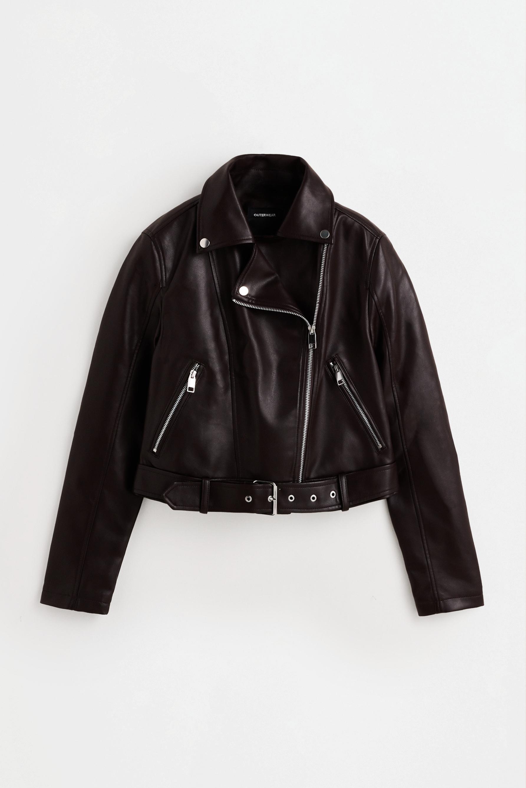 Leather-effect biker jacket — DARK BROWN