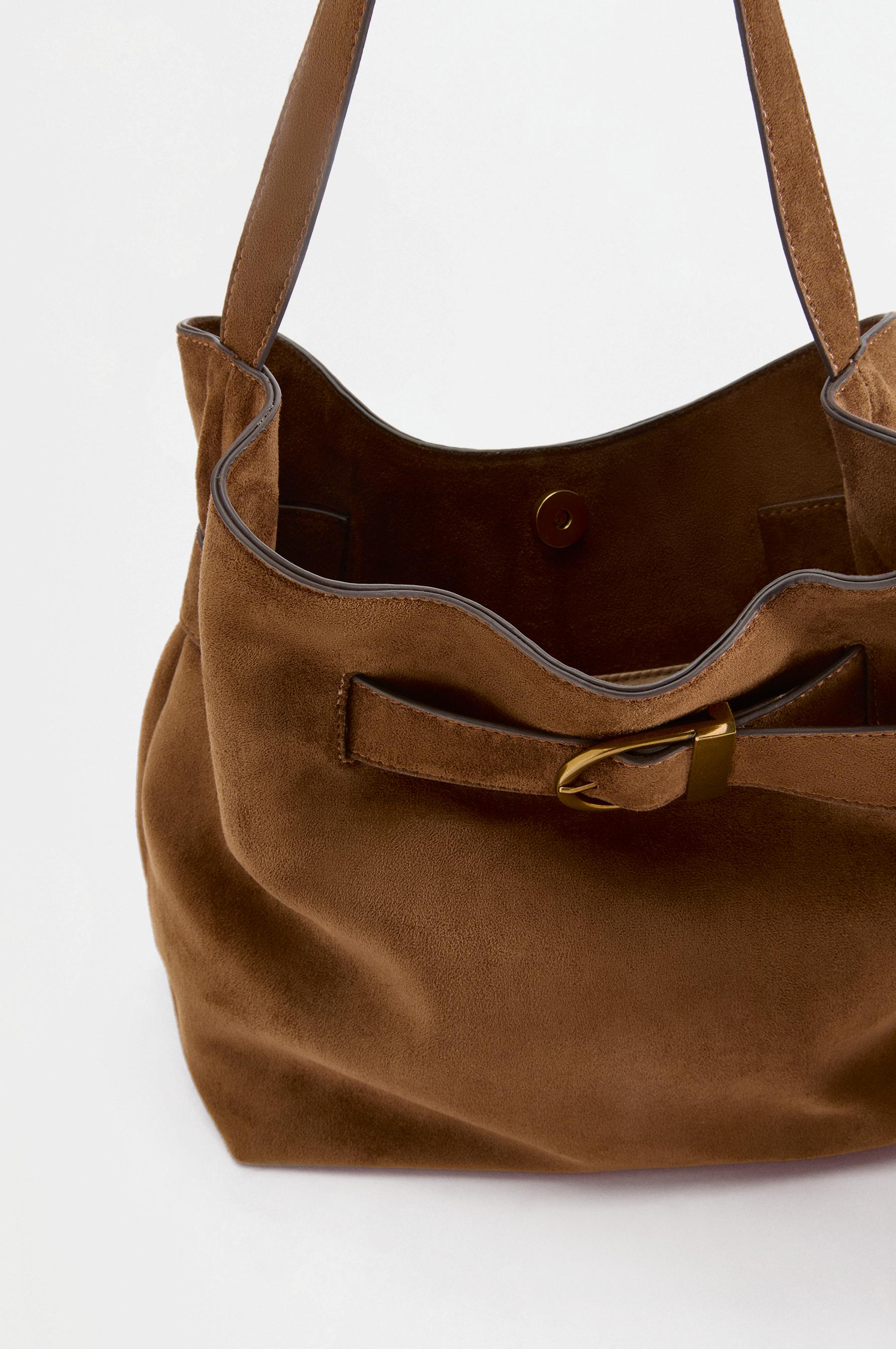 Faux suede buckle bag — CAMEL