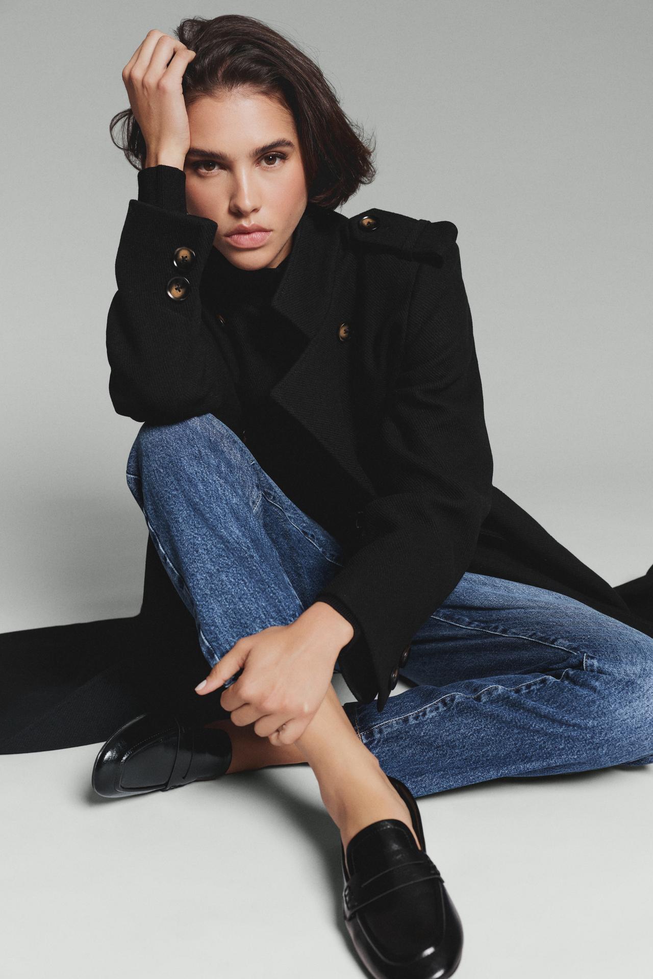 Long synthetic wool coat — BLACK