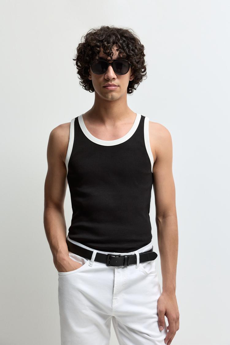 Contrast ribbed vest top — BLACK
