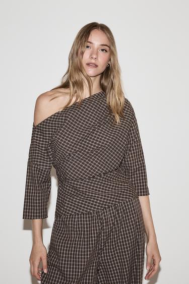 Asymmetric plaid top — BROWN 1