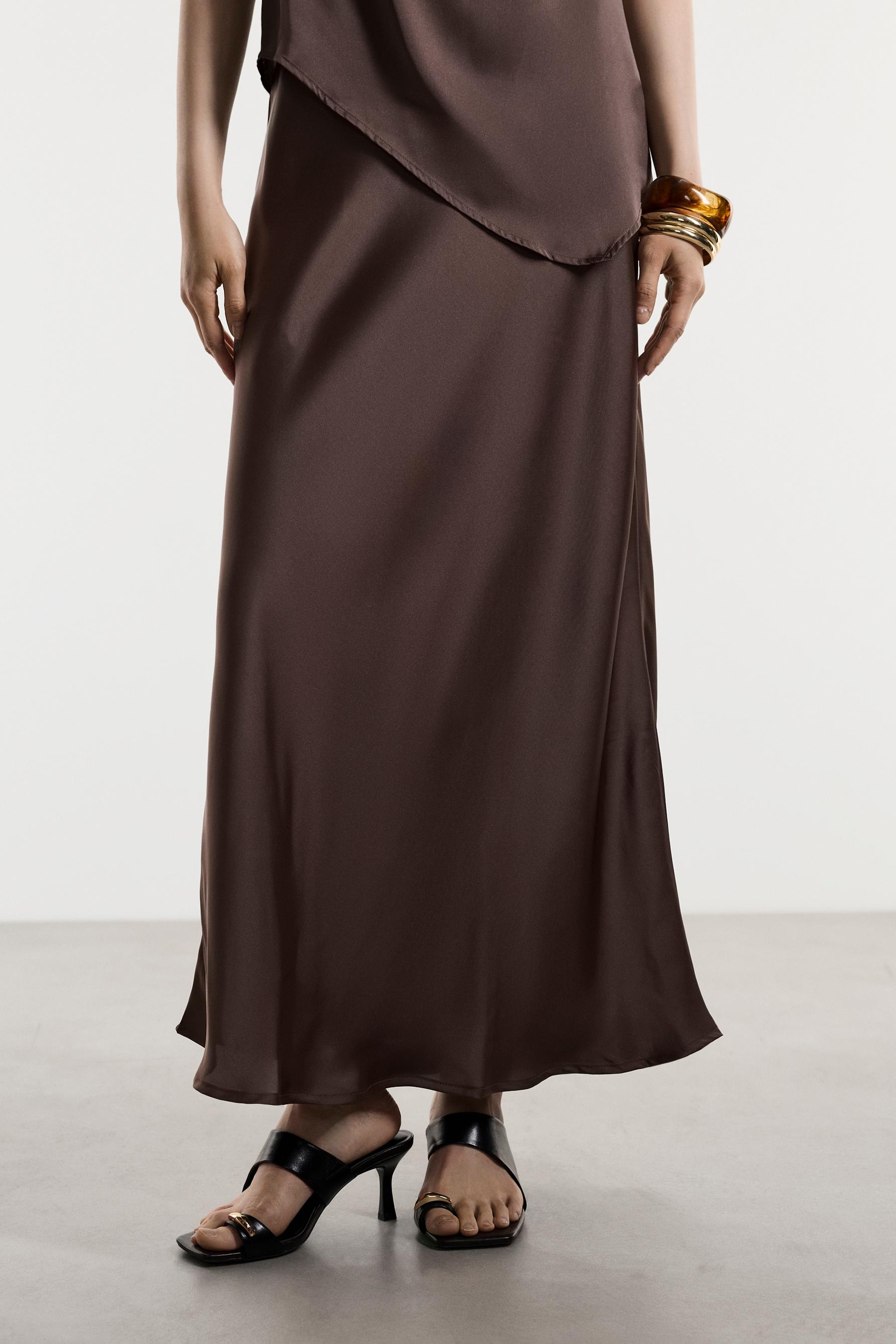 Satin midi skirt — BROWN