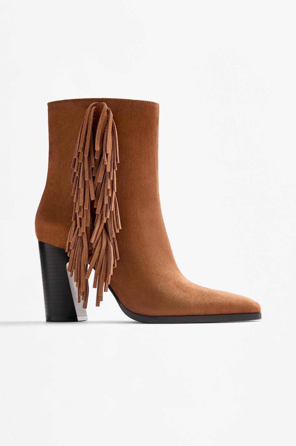 Leather fringe heeled ankle boots