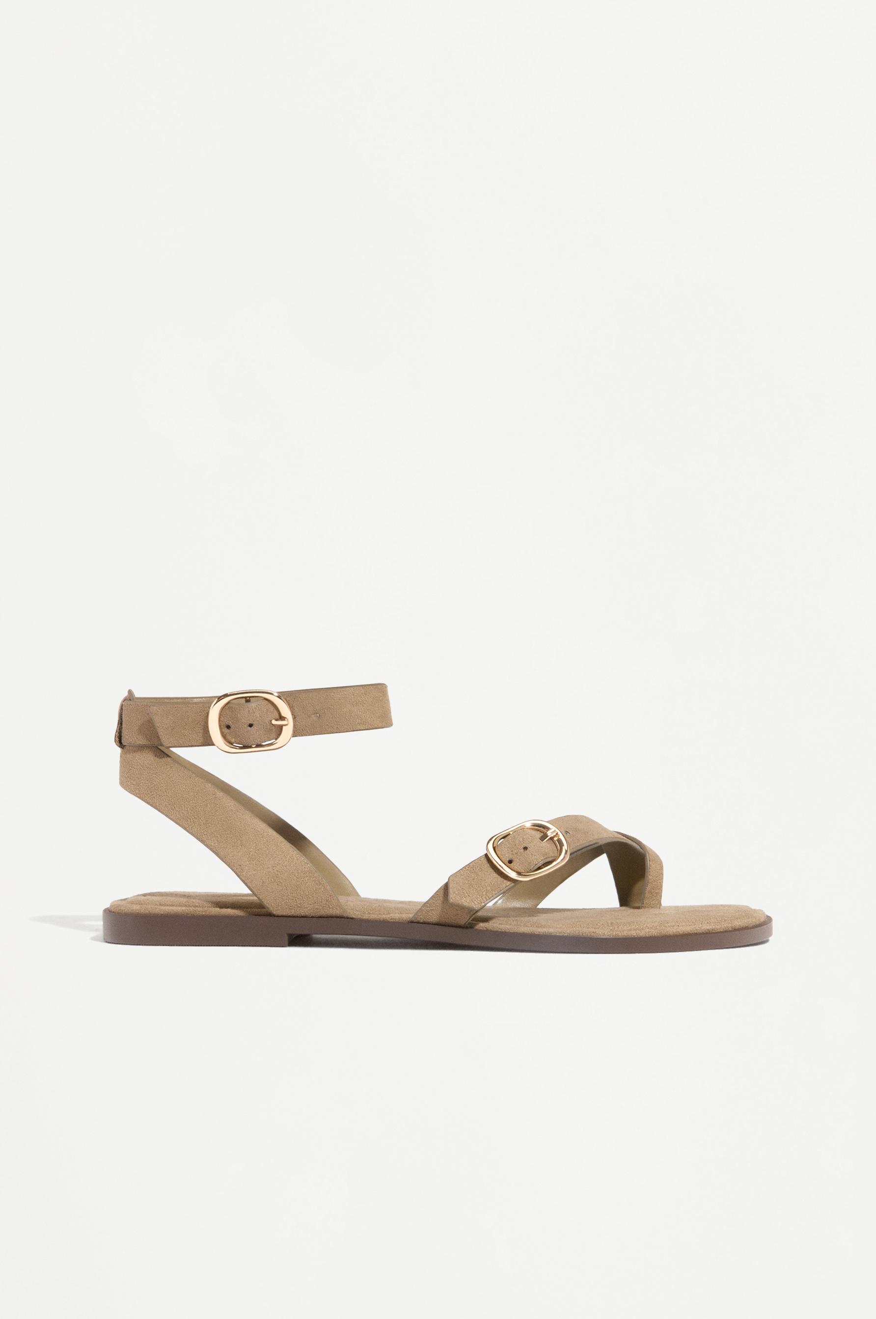 Faux suede strap flat slider sandals — KHAKI