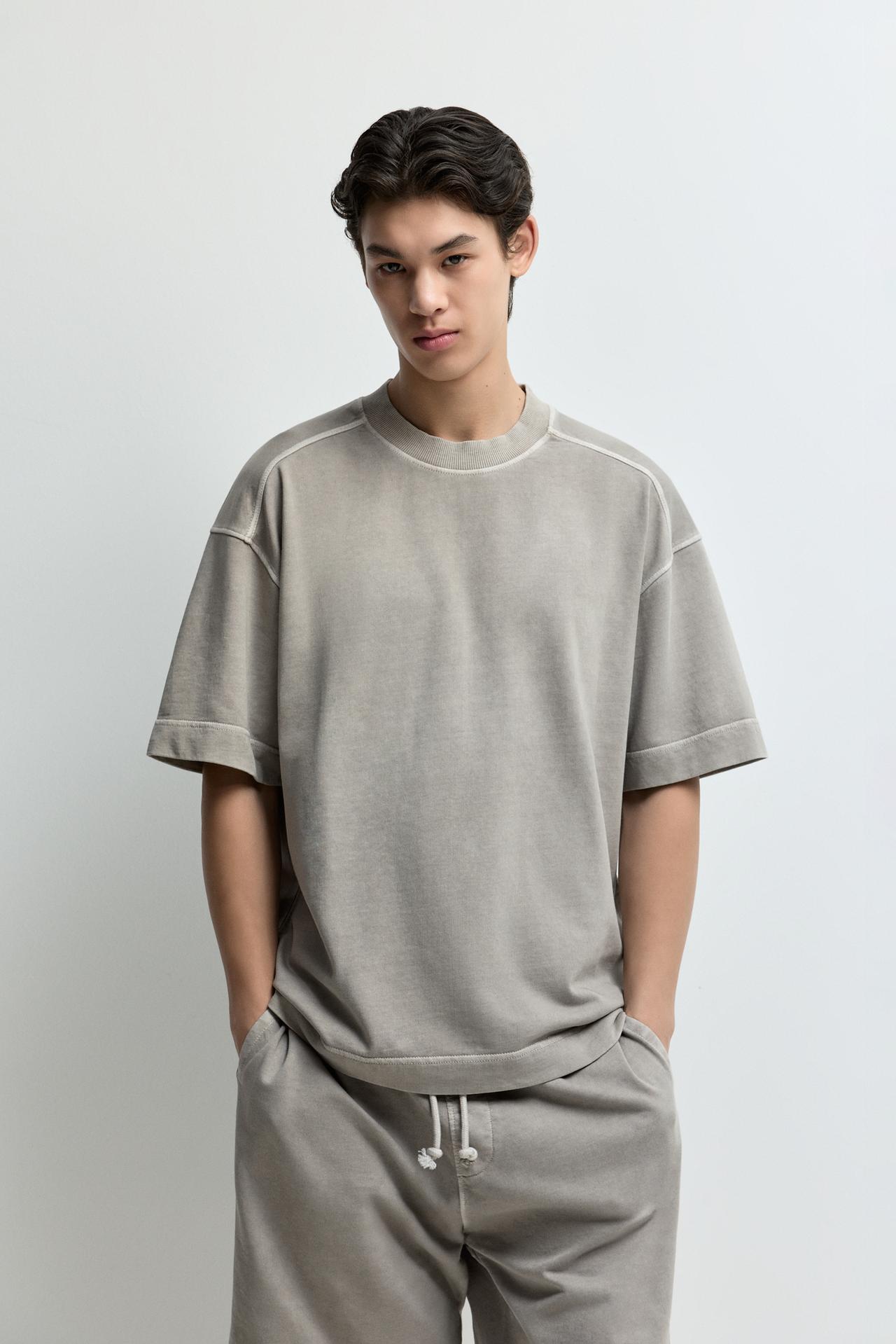 Faded-effect short sleeve sweatshirt — MEDIUM GREY