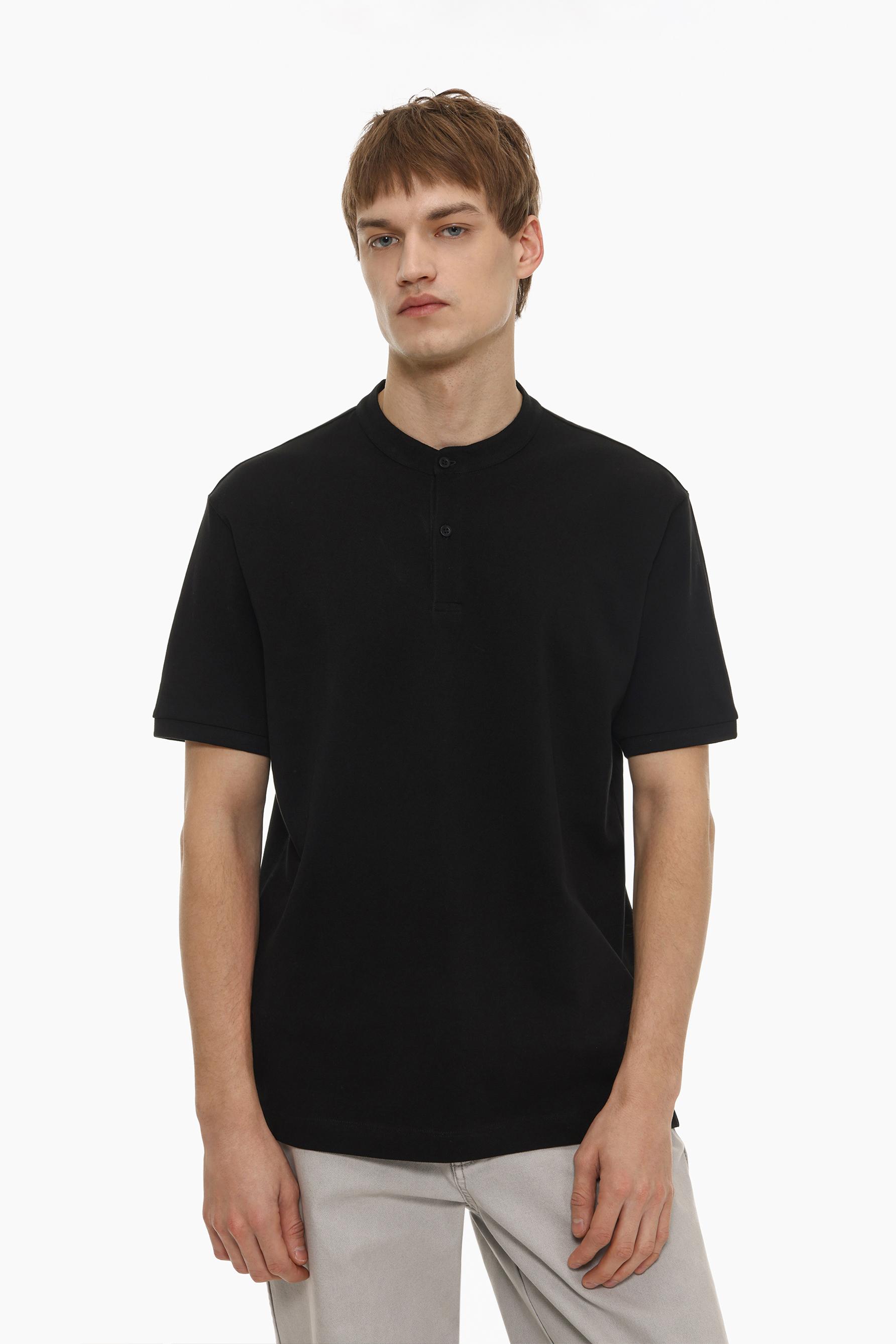 Basic stand collar polo shirt — BLACK