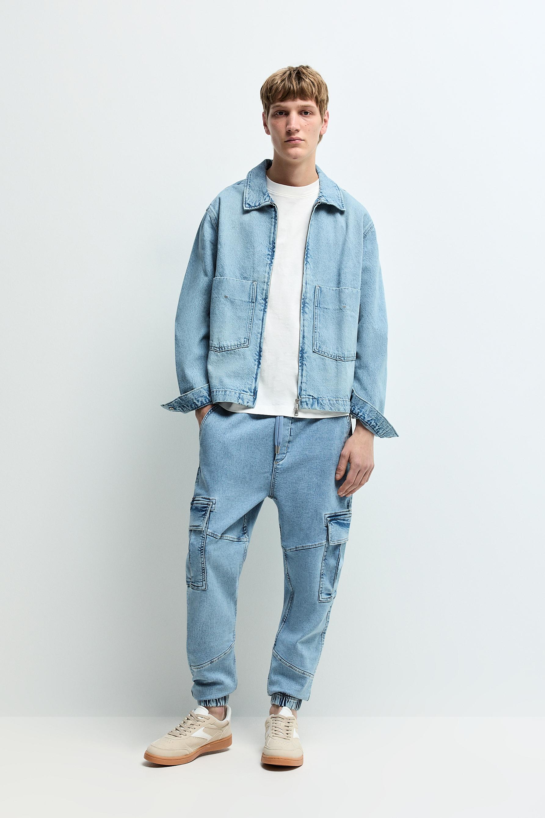 Fleece cargo jogger jeans — PALE BLUE