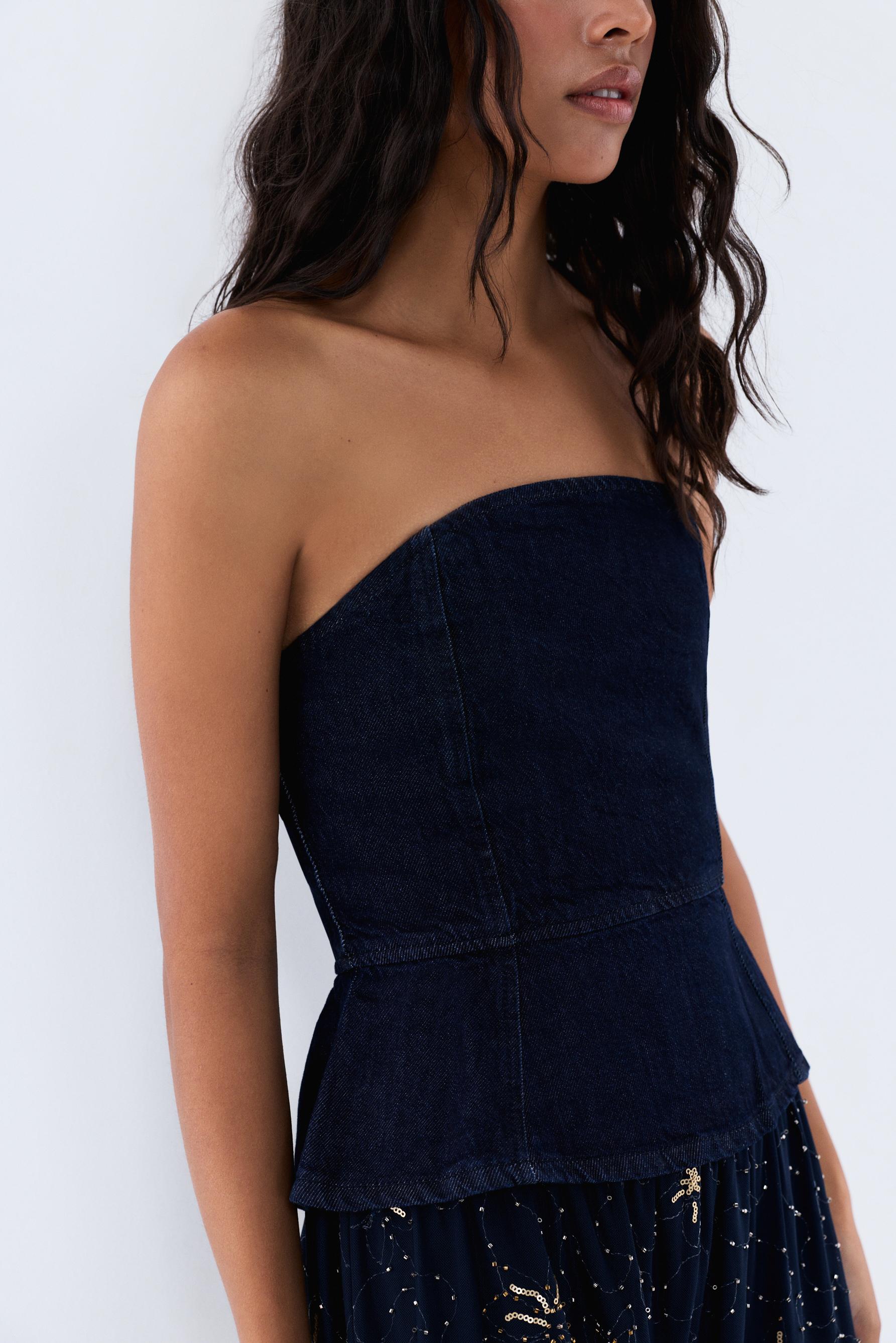 Denim peplum bandeau top — BLUE