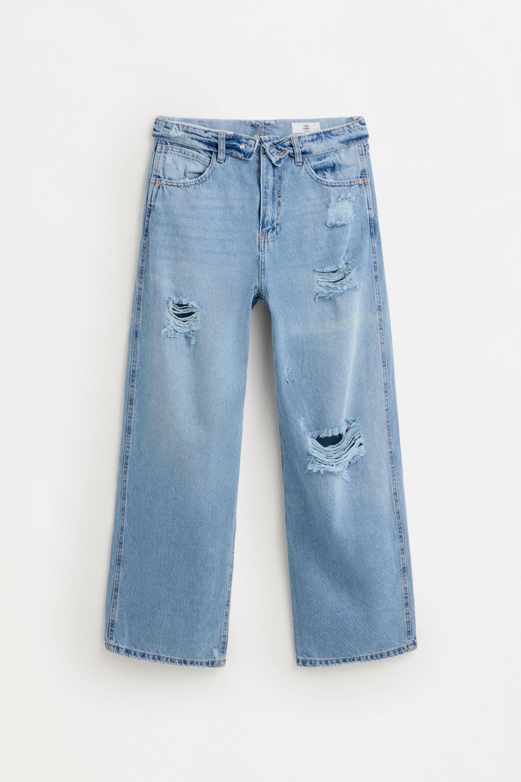 Fold-over waist baggy jeans — SKY BLUE