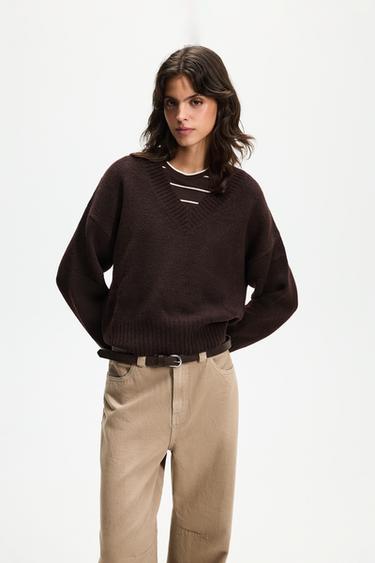 V-neck sweater — DARK BROWN 1