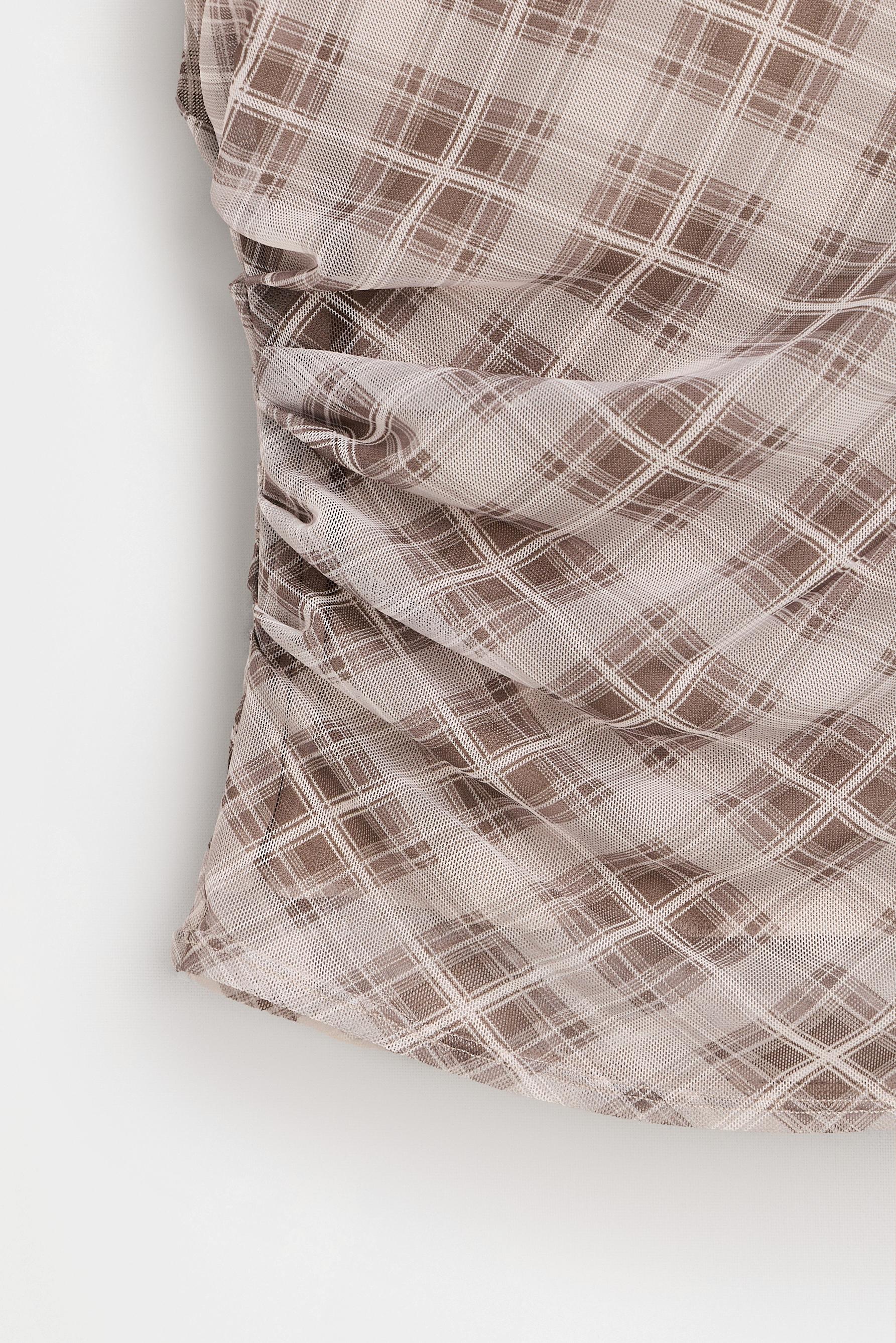 Plaid gathered top — ECRU/BROWN