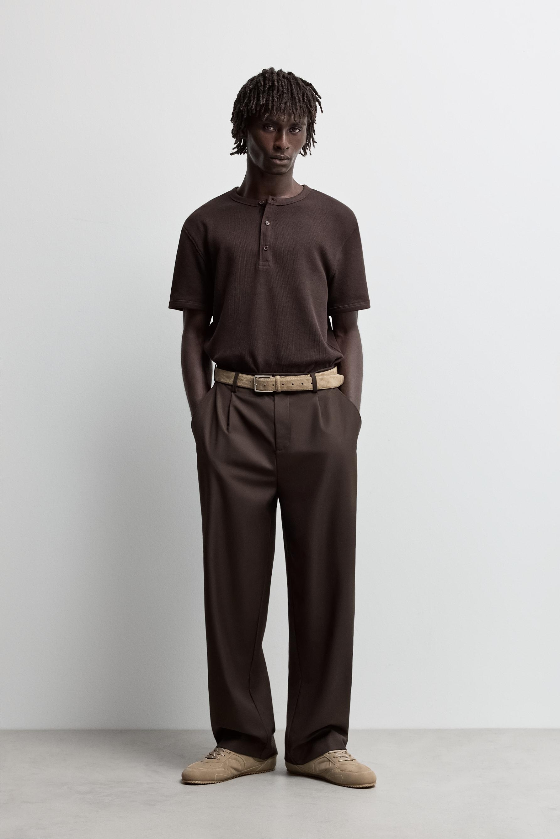 Textured henley T-shirt — DARK BROWN