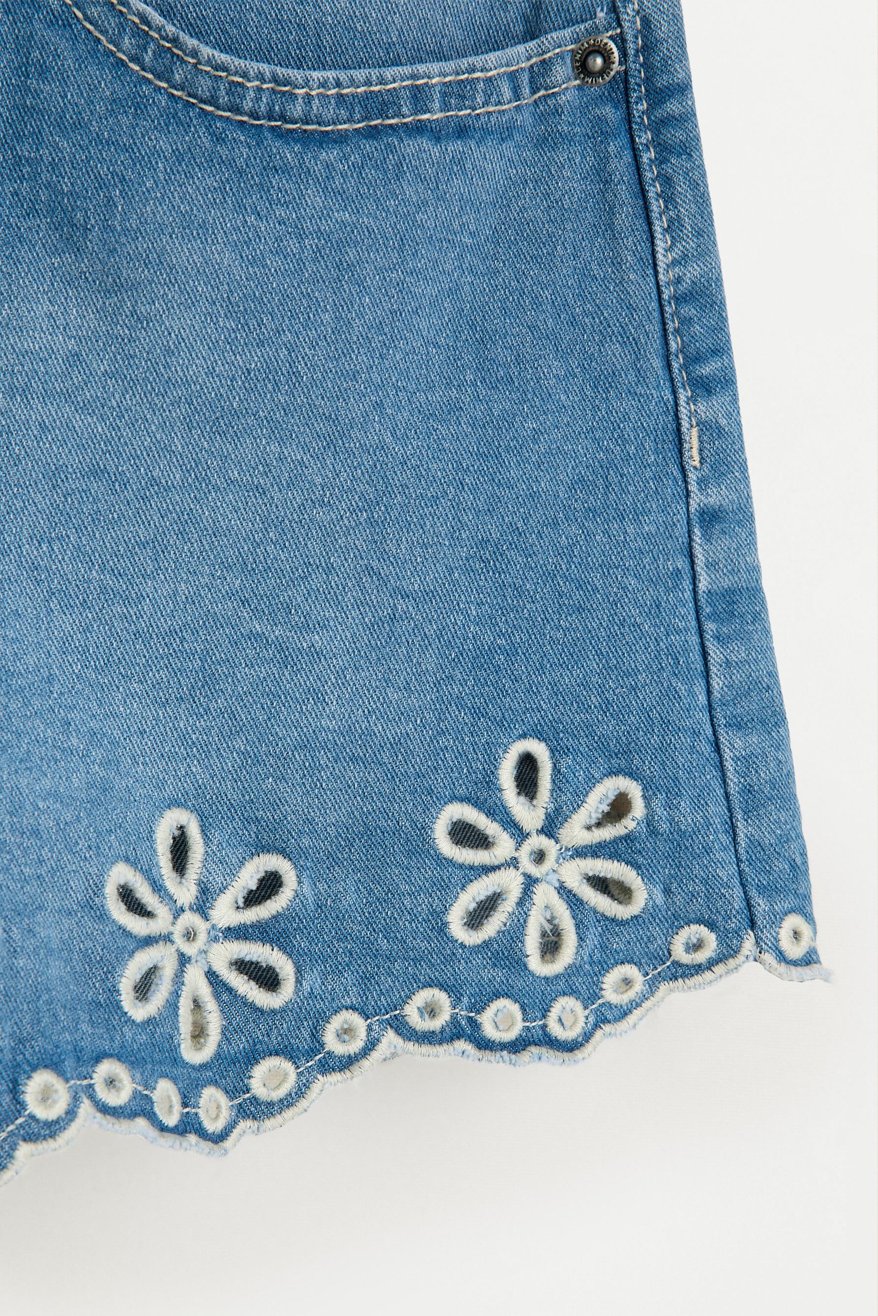 Swiss embroidery denim shorts — INDIGO