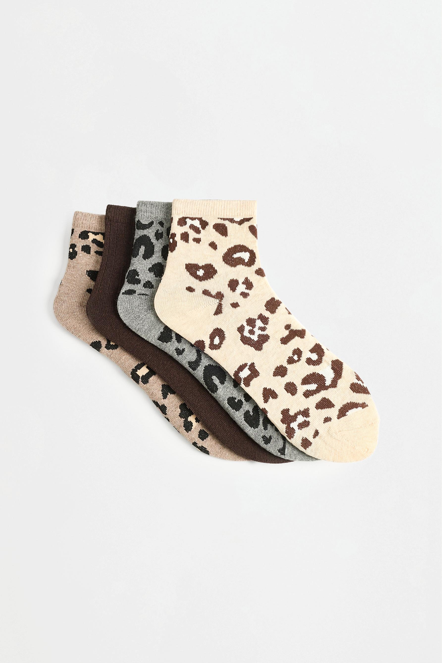 Animal Print Ankle Socks (4-Pack) — BROWN TONES