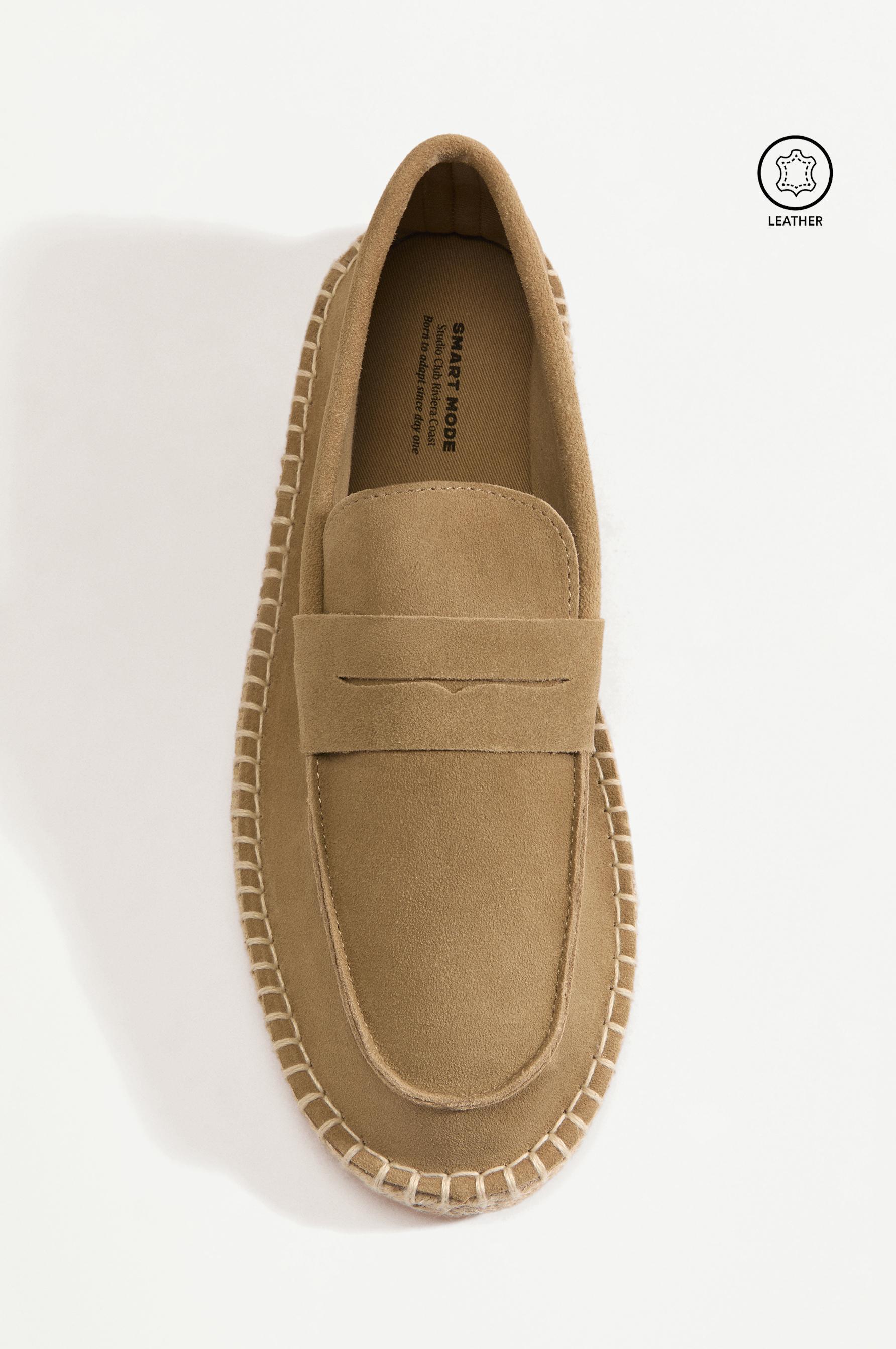 Leather moccasin with jute-effect sole — BEIGE