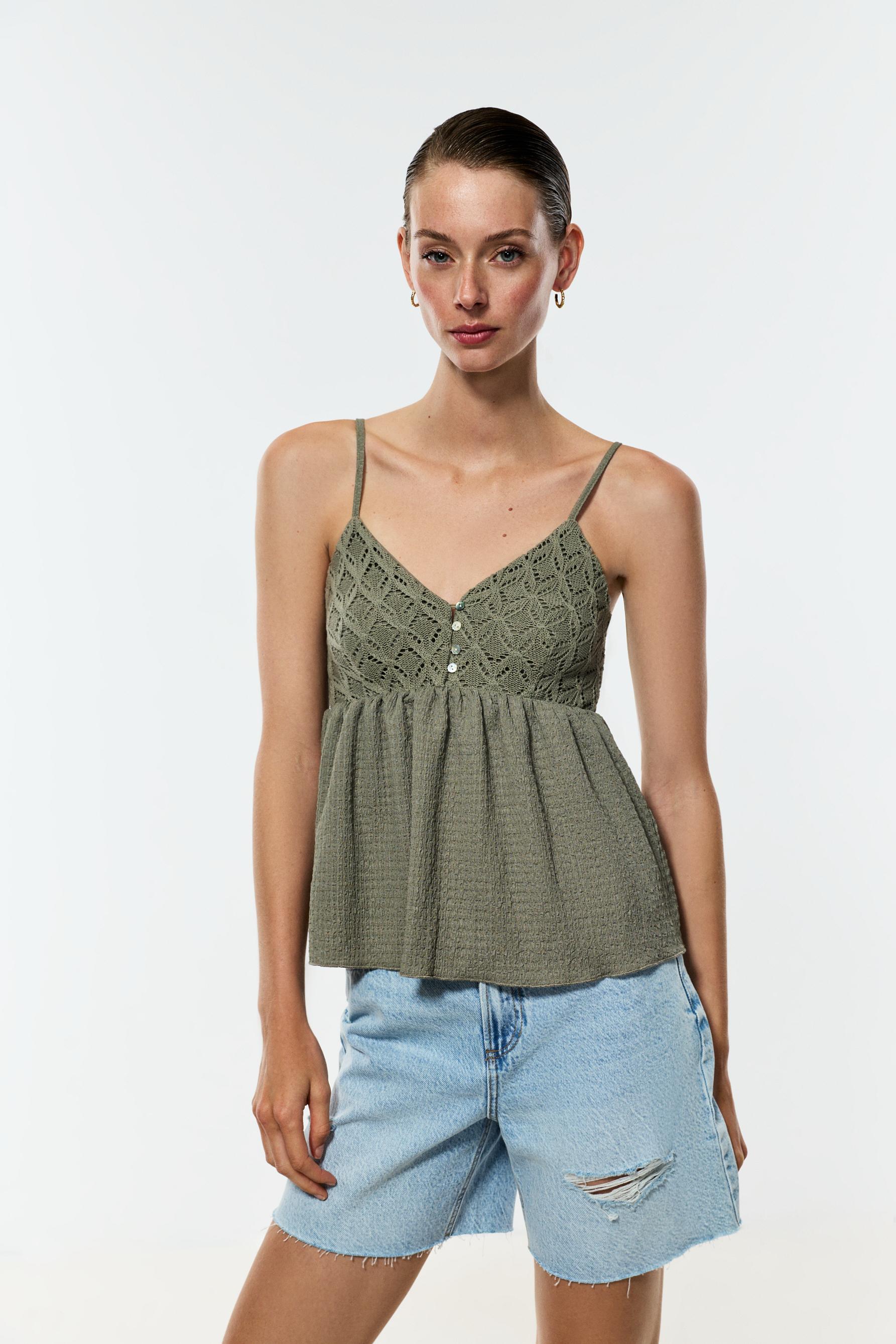 Crochet-effect top — PALE KHAKI