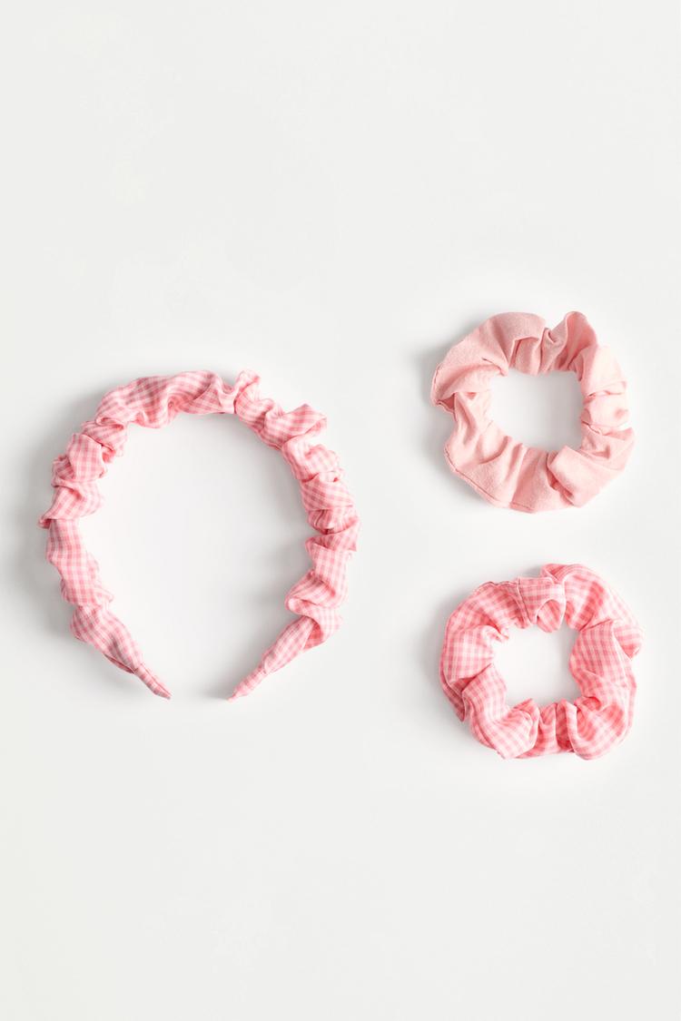 Gingham headband and scrunchies (3-piece set) — PINK