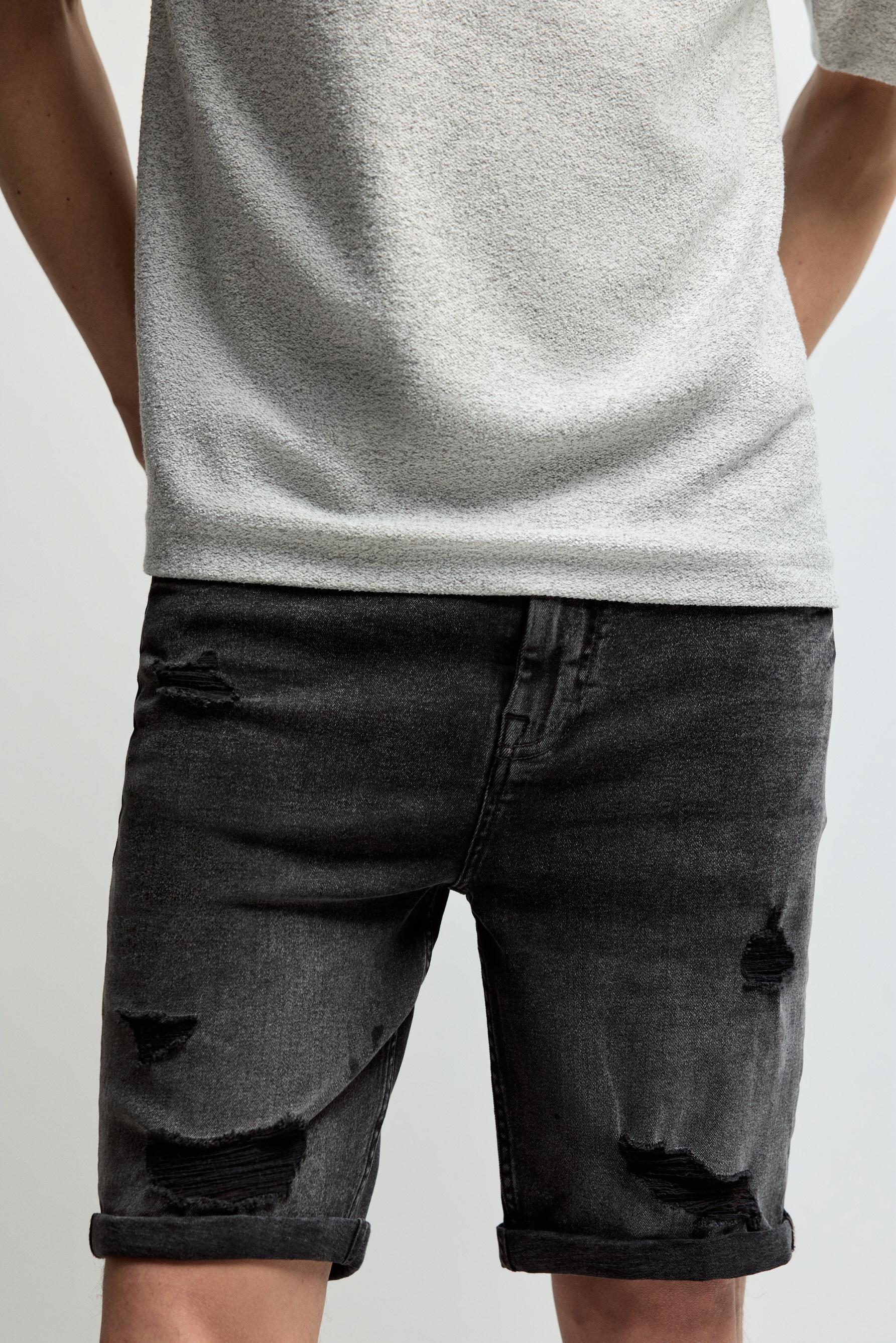 Distressed skinny denim Bermuda shorts — CHARCOAL