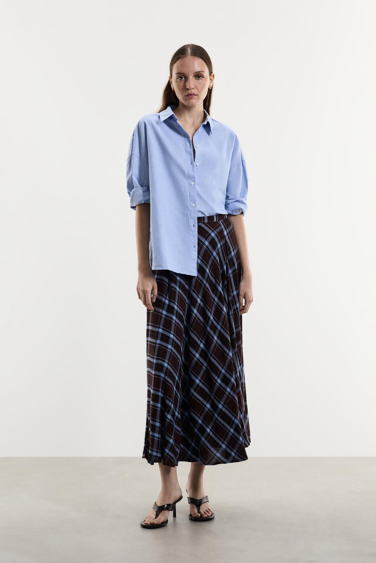 Plaid midi skirt — BROWN/BLUE