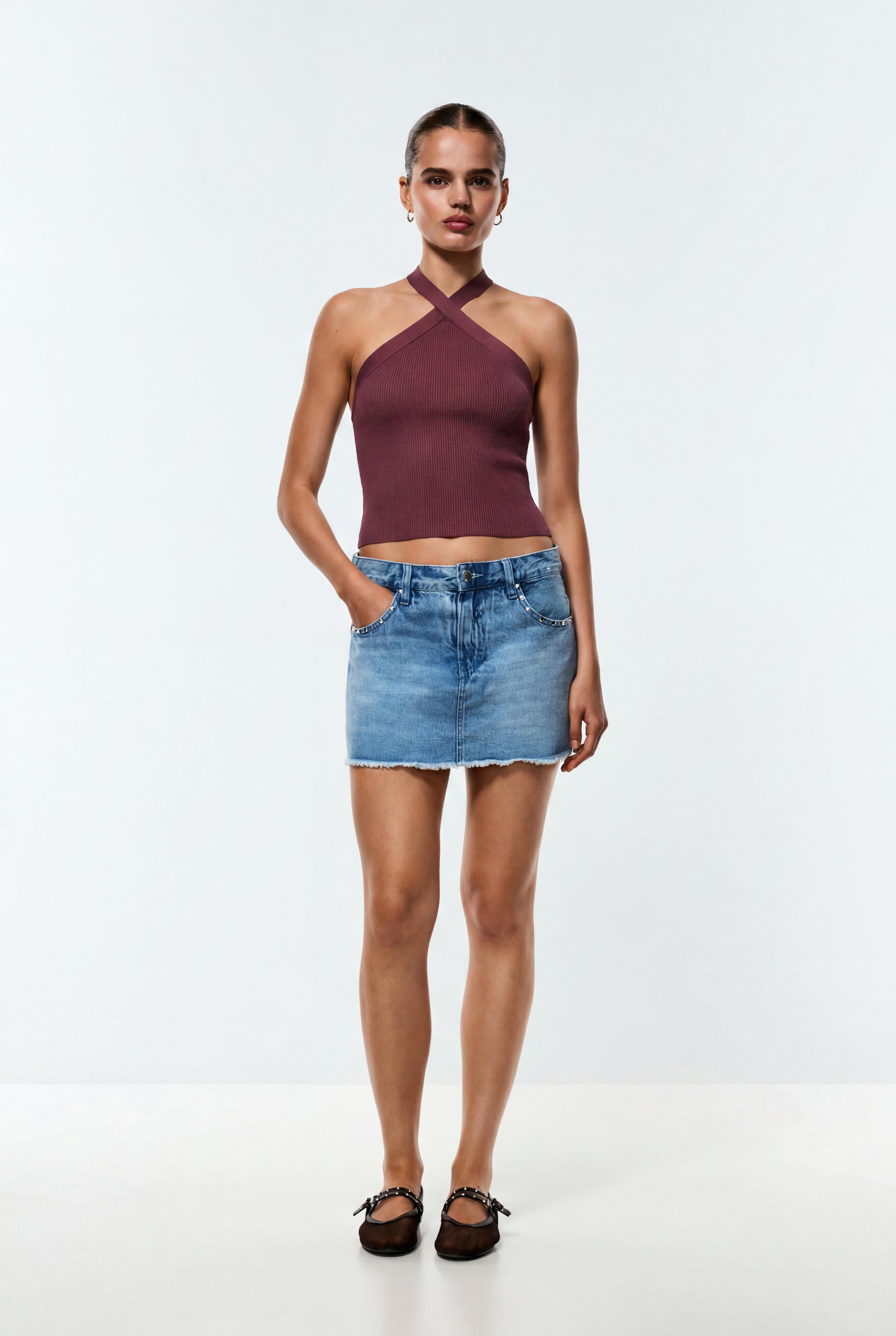 Criss-cross strap knit top — MAUVE PINK