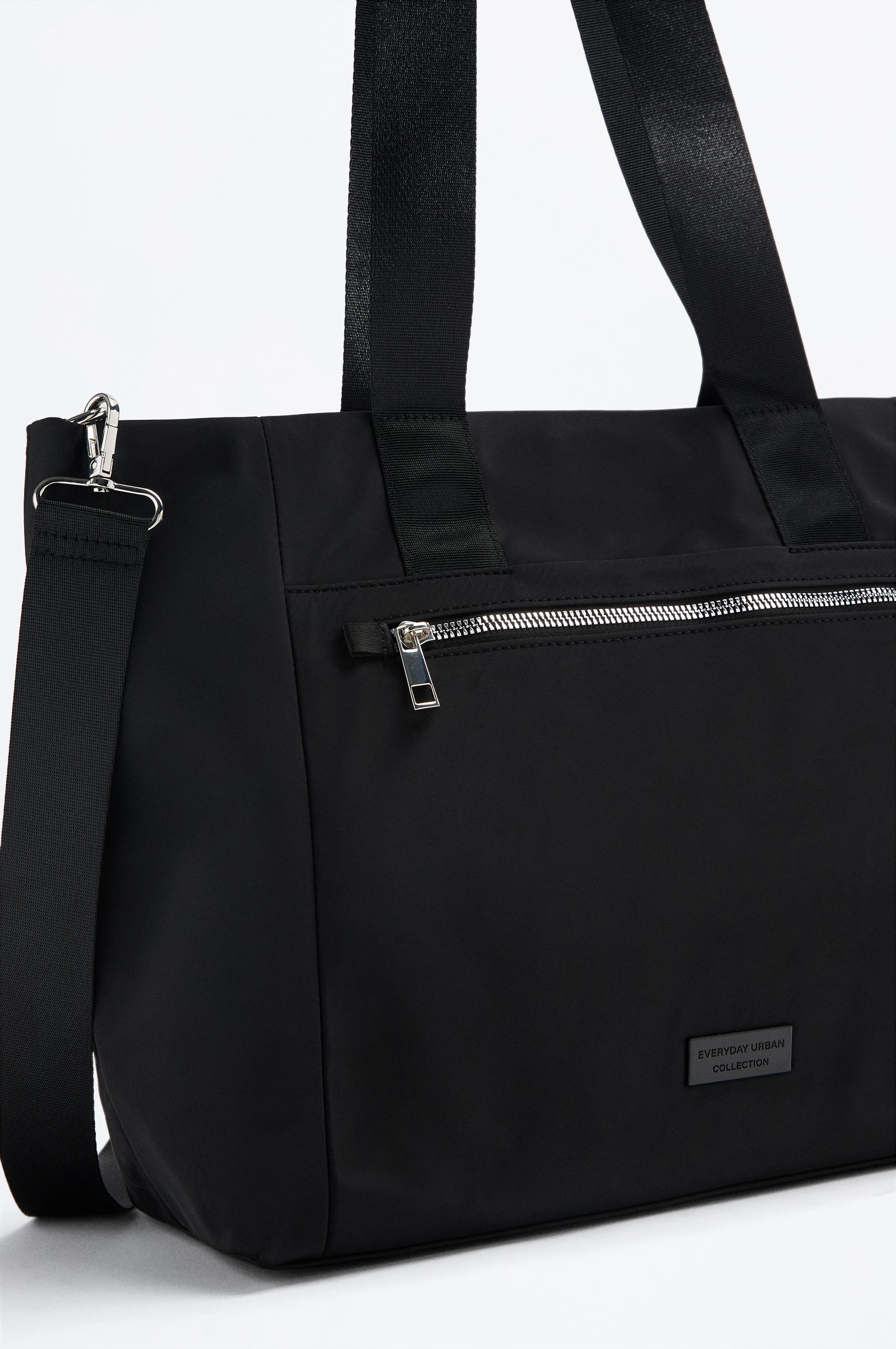 Large multi-pocket nylon shopper bag — BLACK