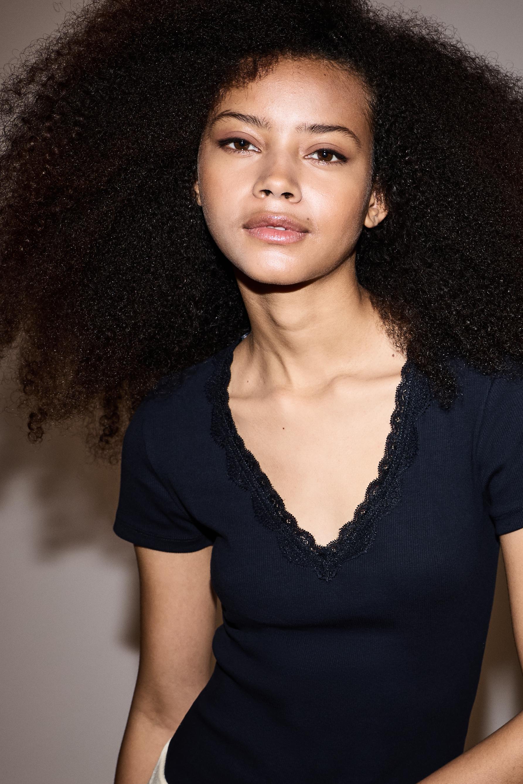 Ribbed lace T-shirt — DARK NAVY