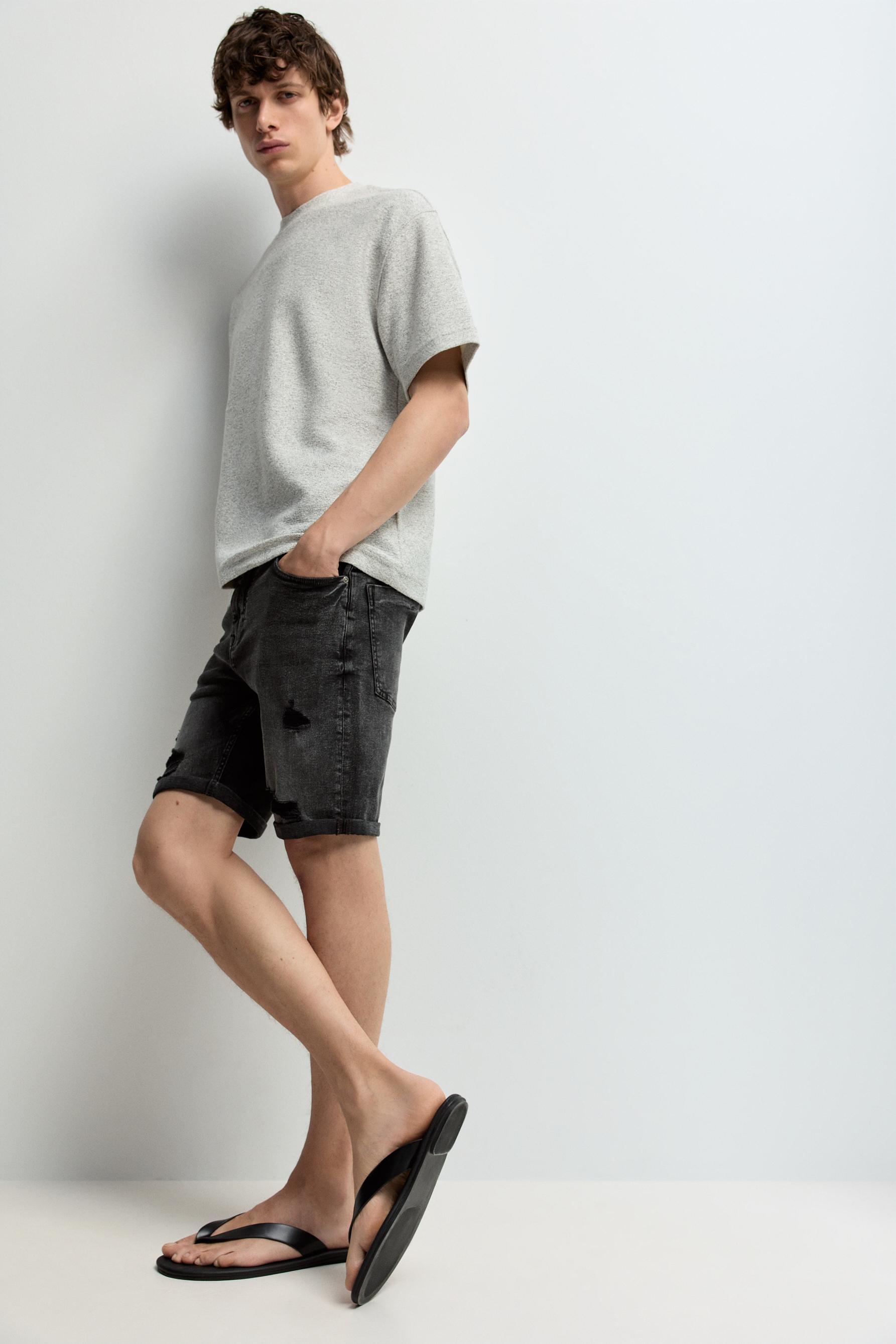 Distressed skinny denim Bermuda shorts — CHARCOAL