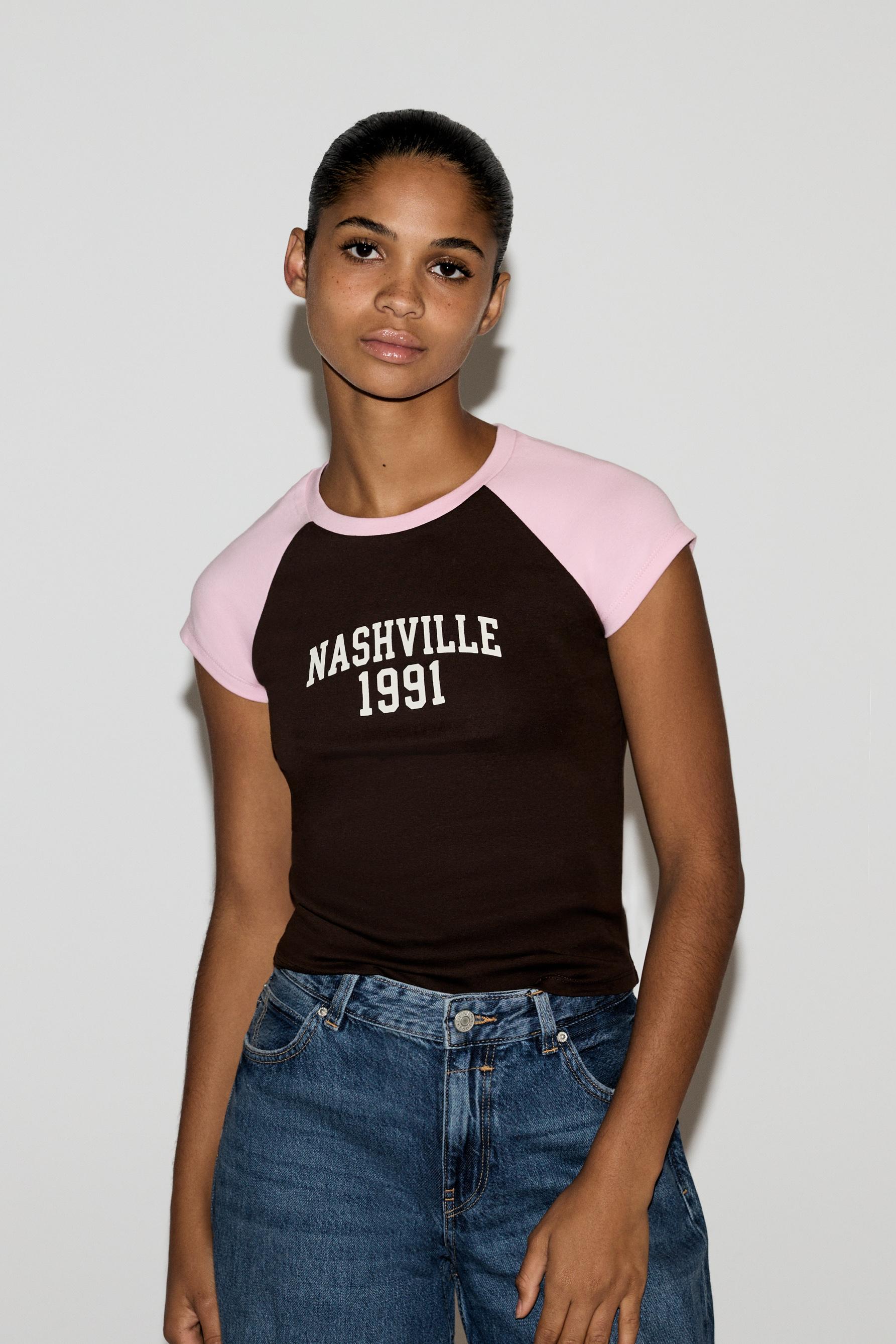 Printed raglan sleeve T-shirt — CHOCOLATE