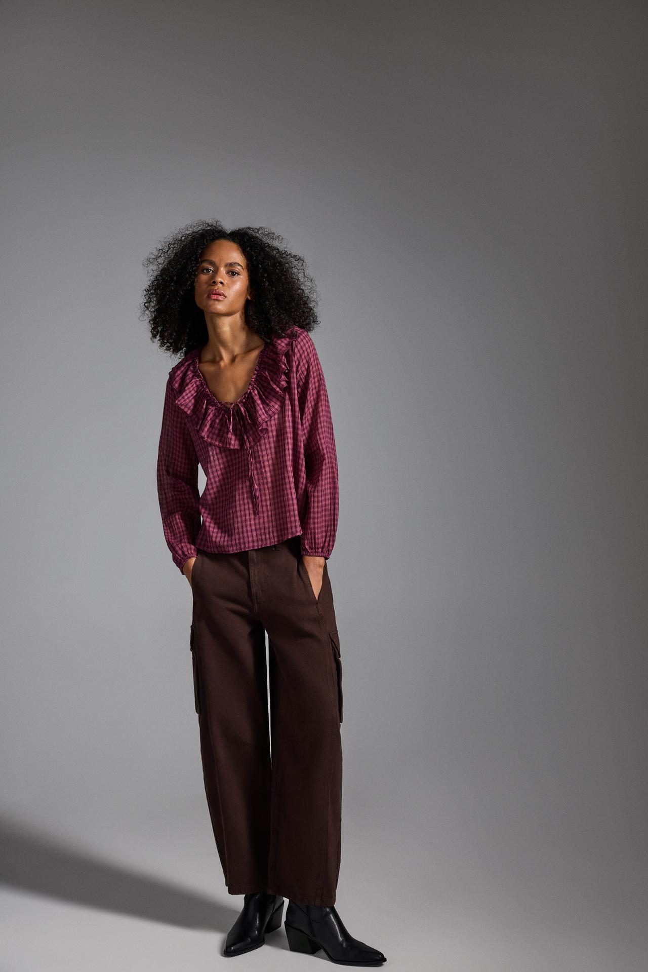 Plaid ruffle blouse — BURGUNDY