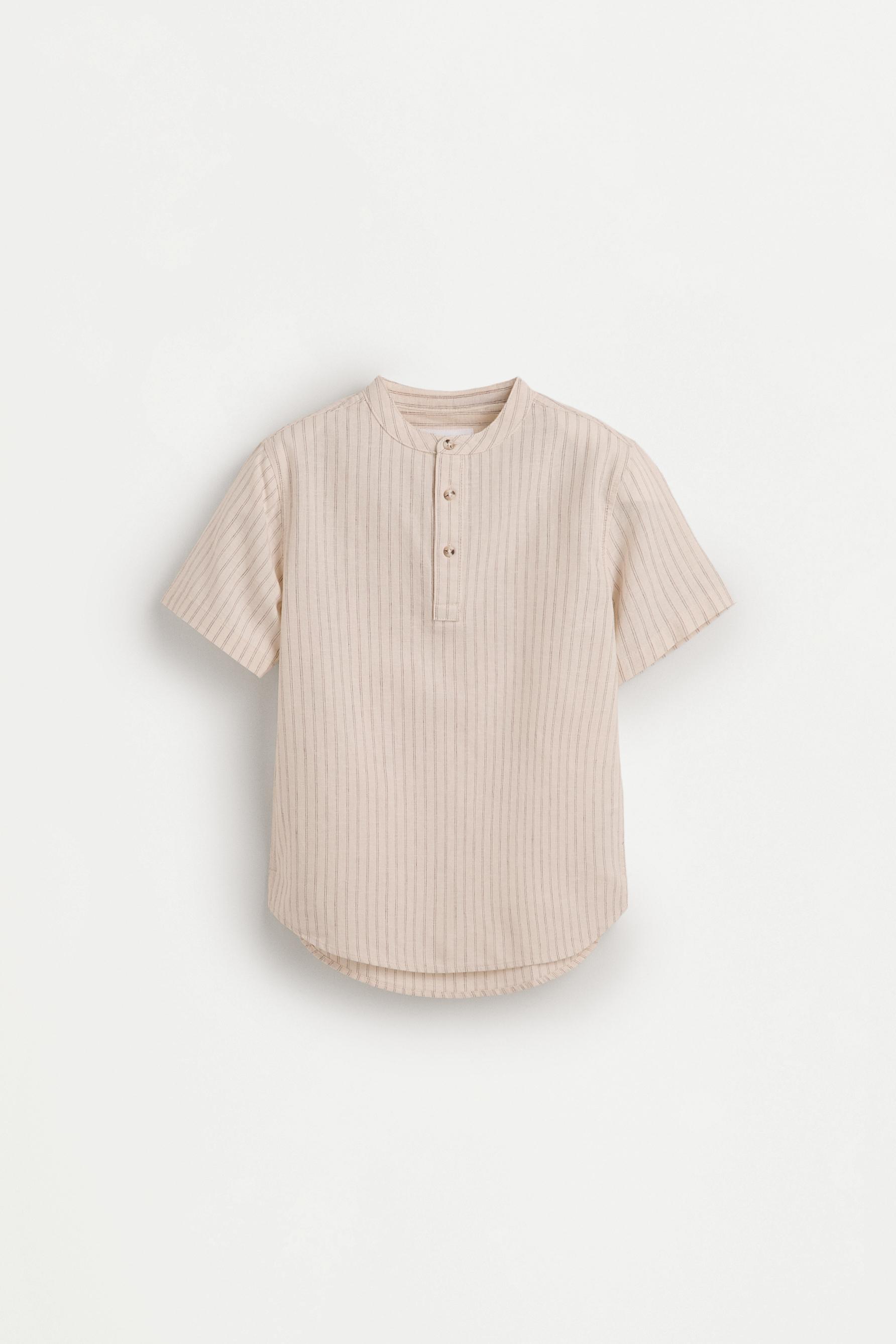 Striped linen-cotton blend stand collar shirt — MINK