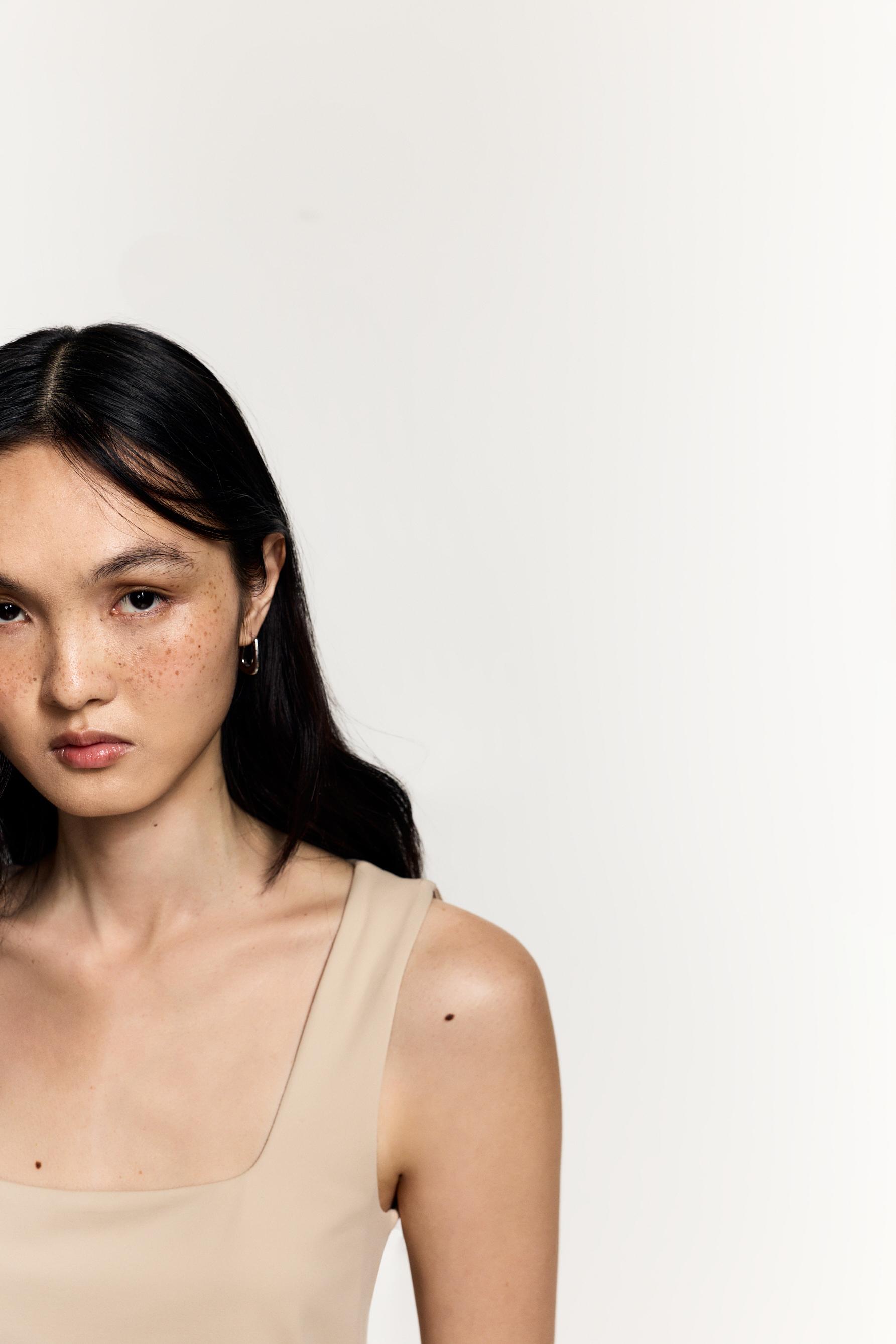 Polyamide T-shirt with wide straps — BEIGE