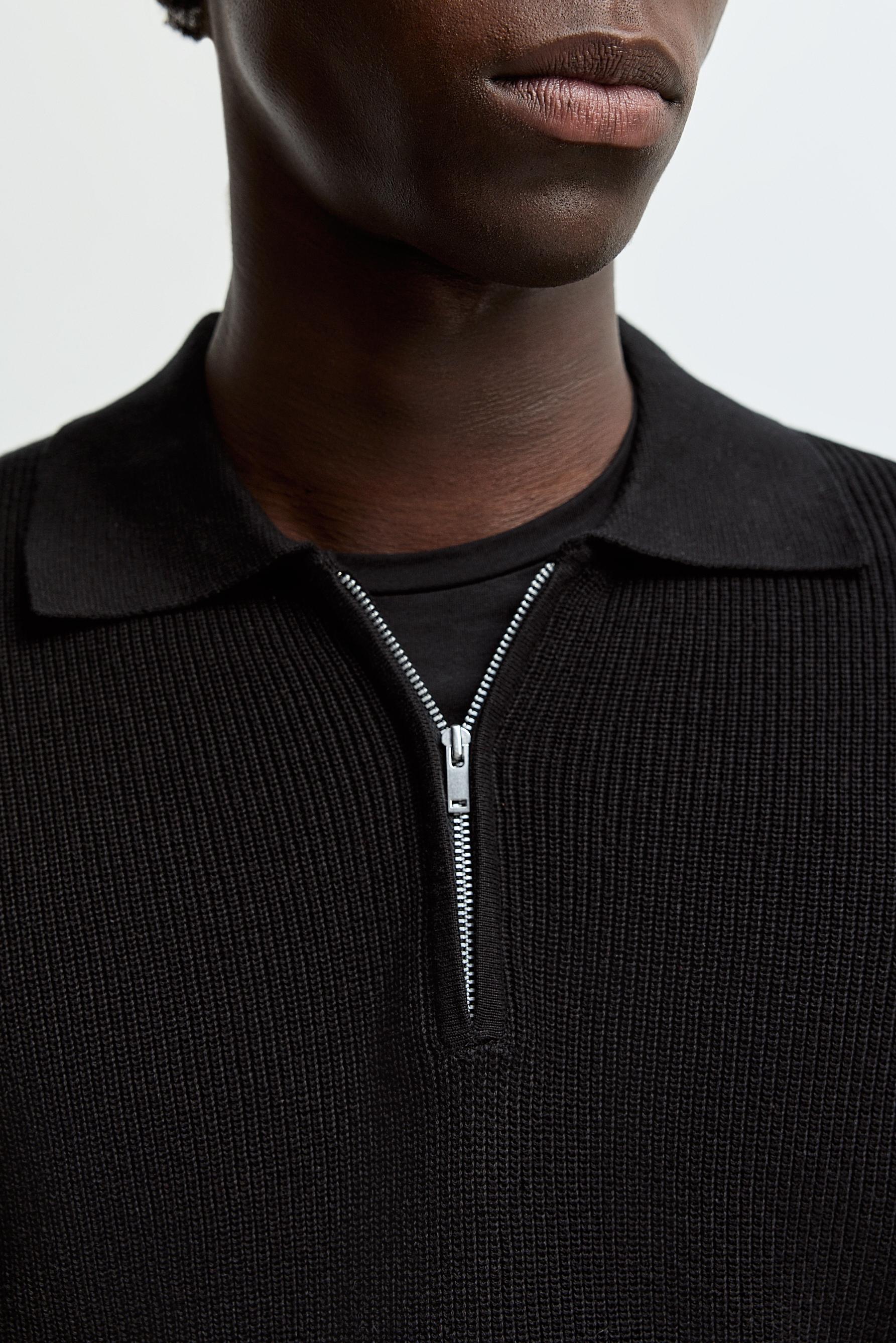 Zip-up knit polo — BLACK