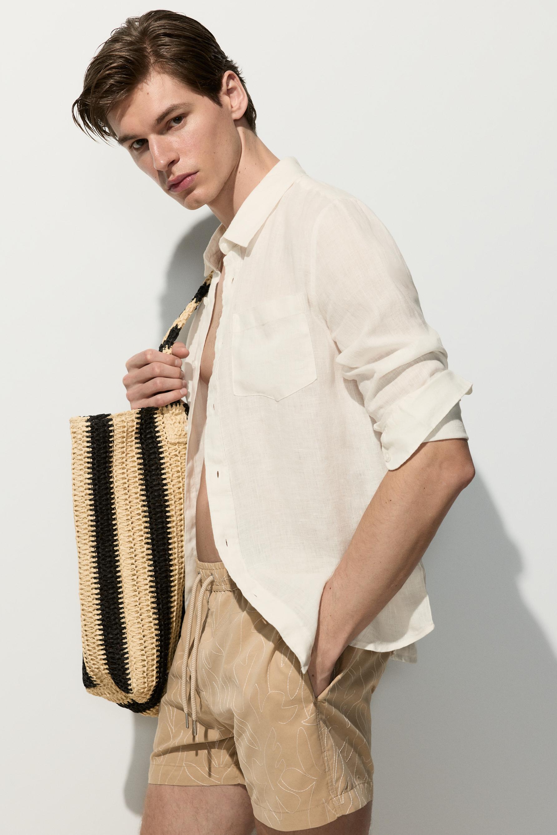 Embroidered regular swim shorts — BEIGE
